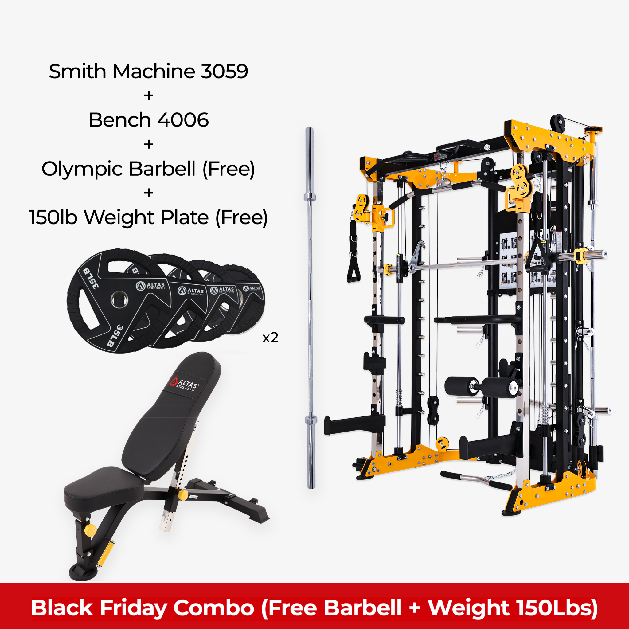 Black Friday Combo - Smith Machine AL-3059 + Bench AL-4006 + Free Olympic Barbell + Free 150lb Weight Plate