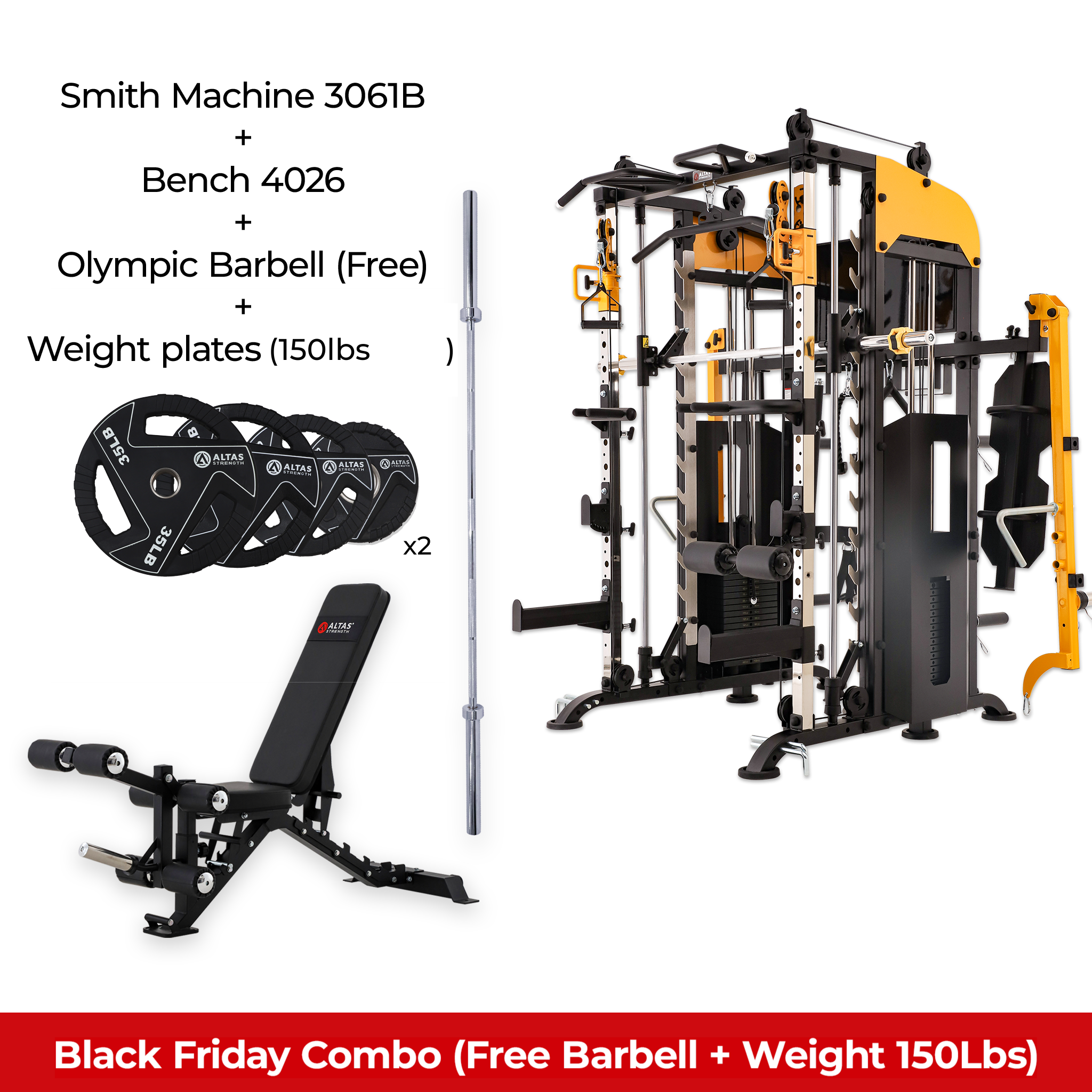 Black Friday Combo - Smith Machine AL-3061B + Bench AL-4026 + Olympic Barbell + 150lb Weight Plate