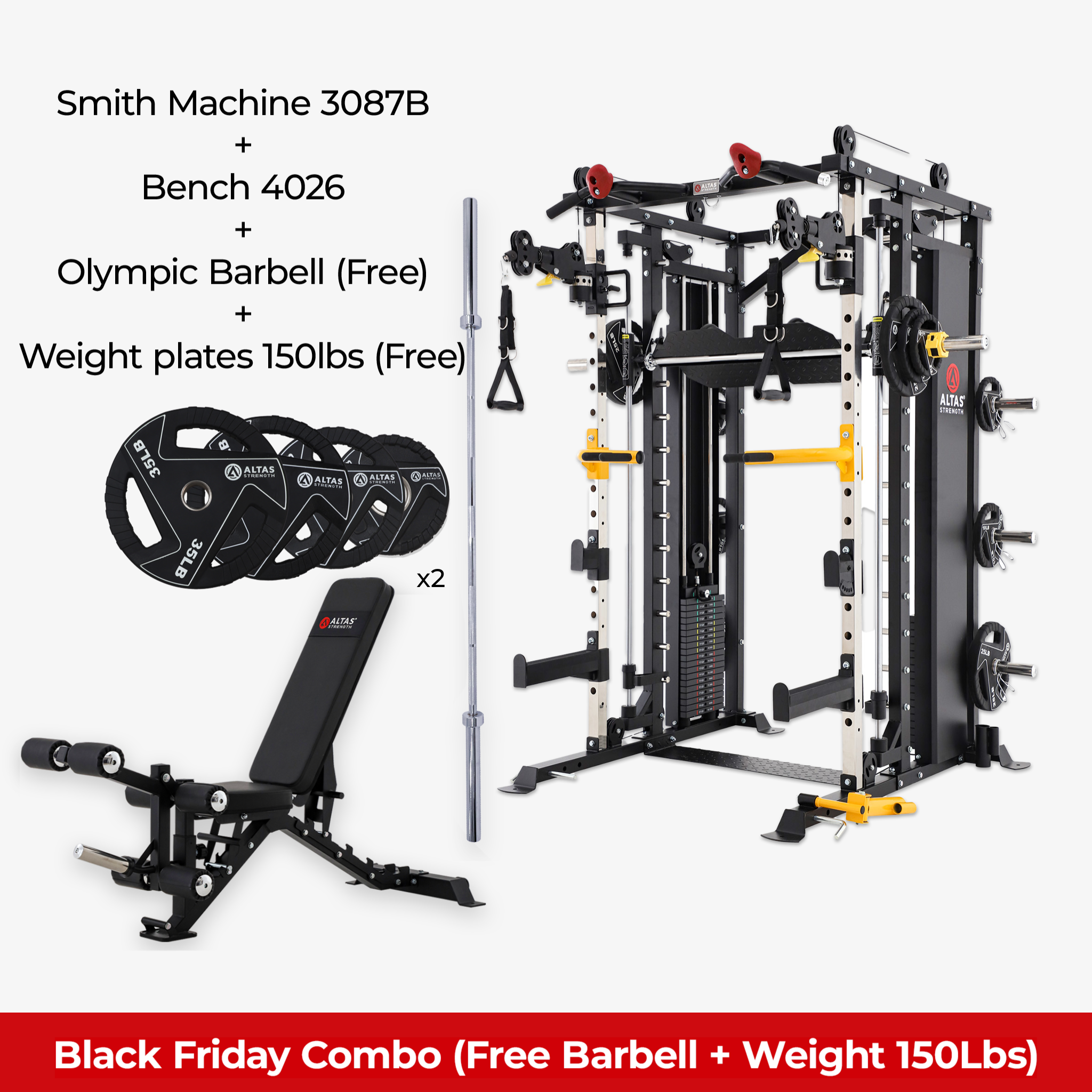 Black Friday Combo - Smith Machine AL-3087B + Bench AL-4026 + Free Olympic Barbell + Free 150lb Weight Plate
