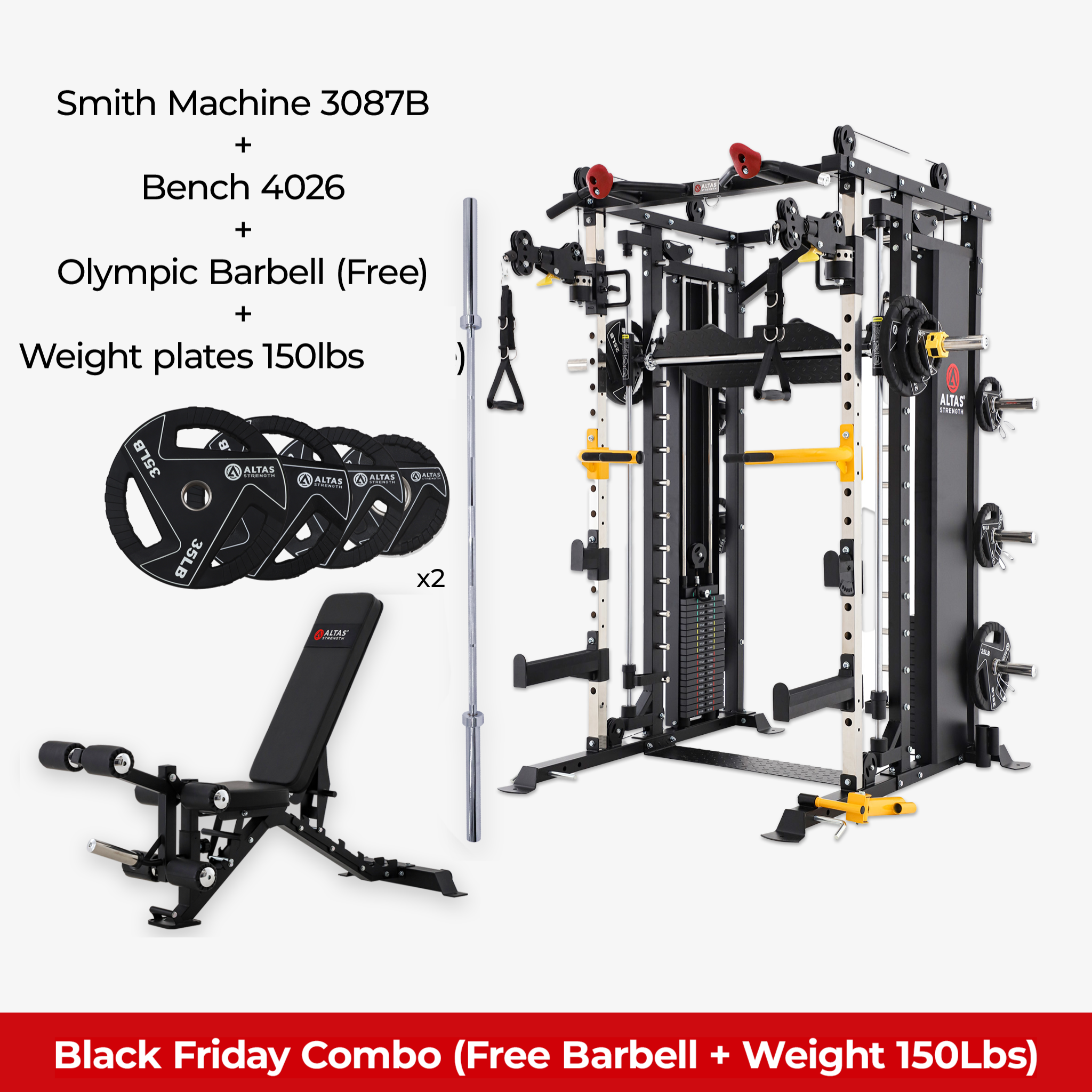 Black Friday Combo - Smith Machine AL-3087B + Bench AL-4026 + Olympic Barbell + 150lb Weight Plate