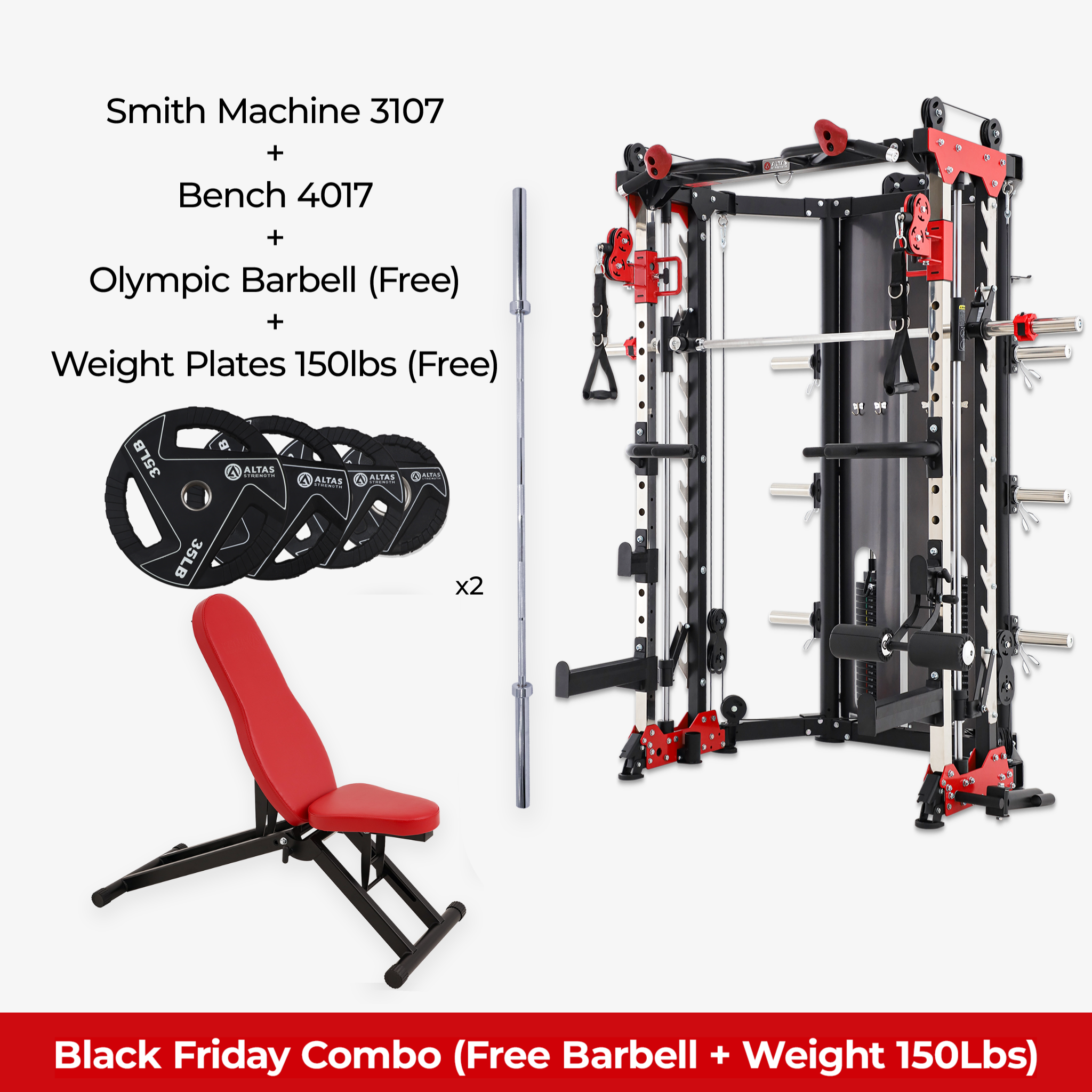 Black Friday Combo - Smith Machine AL-3107 + Bench AL-4017 + Free Barebell + Free 150lb Weight Plate