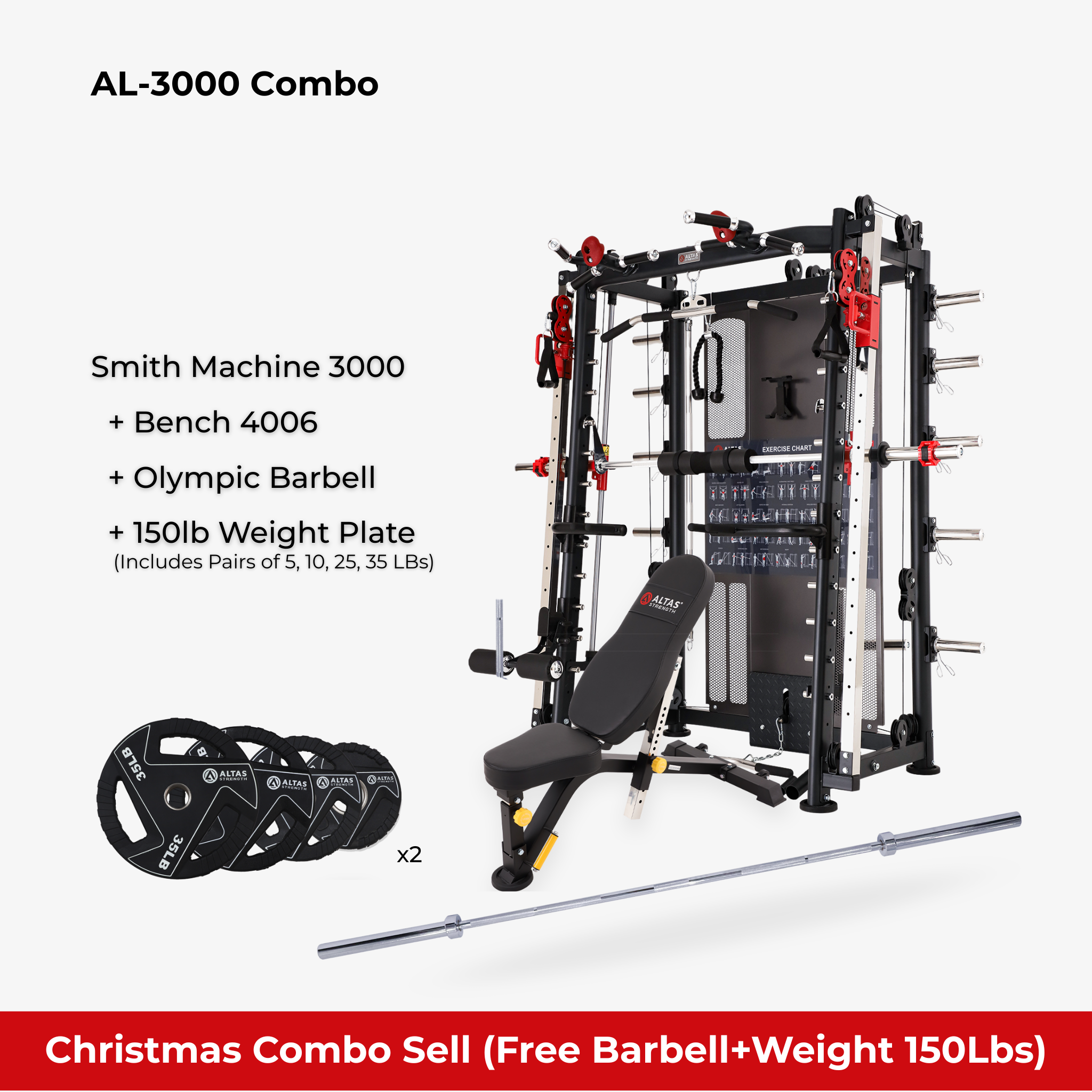 Christmas Combo - Smith Machine AL-3000Y + Bench AL-4006 + Olympic Barbel l+ 150lb Weight Plates