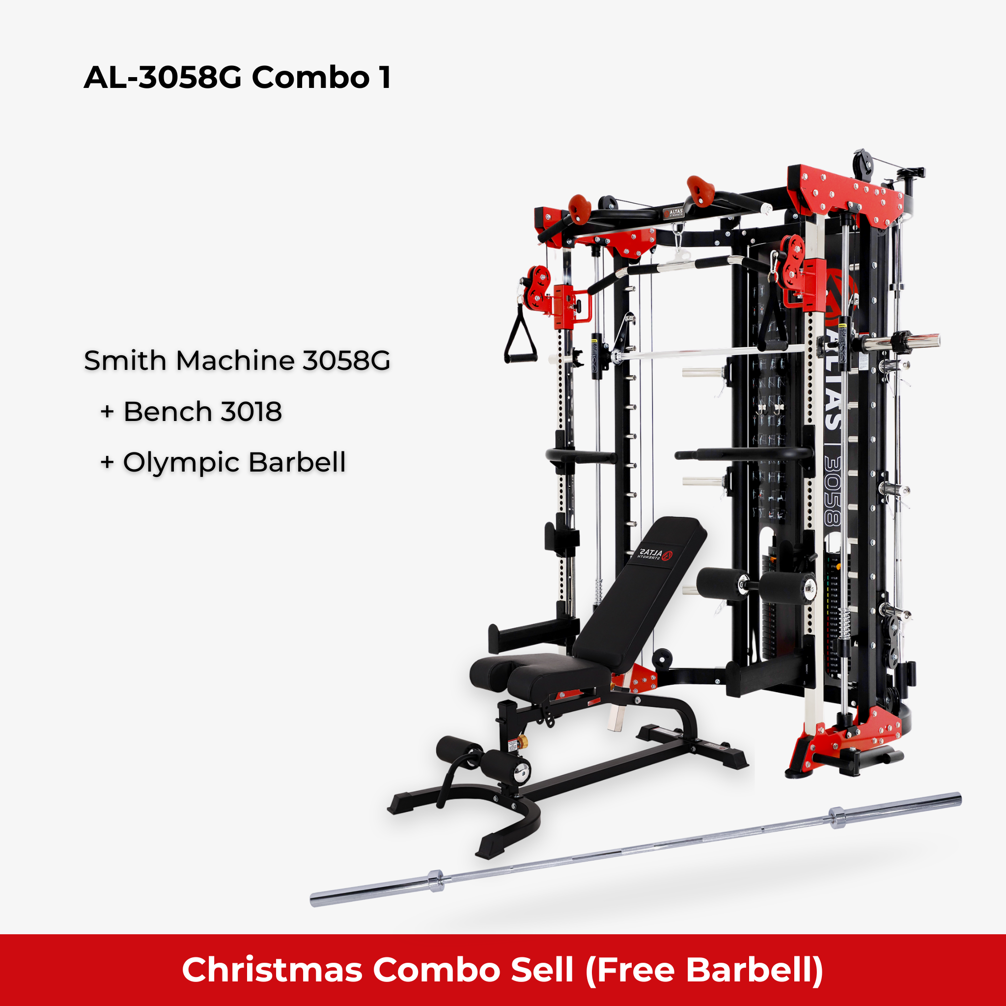 Christmas Combo - Smith Machine AL-3058G + Bench AL-3018 + Olympic Barbell