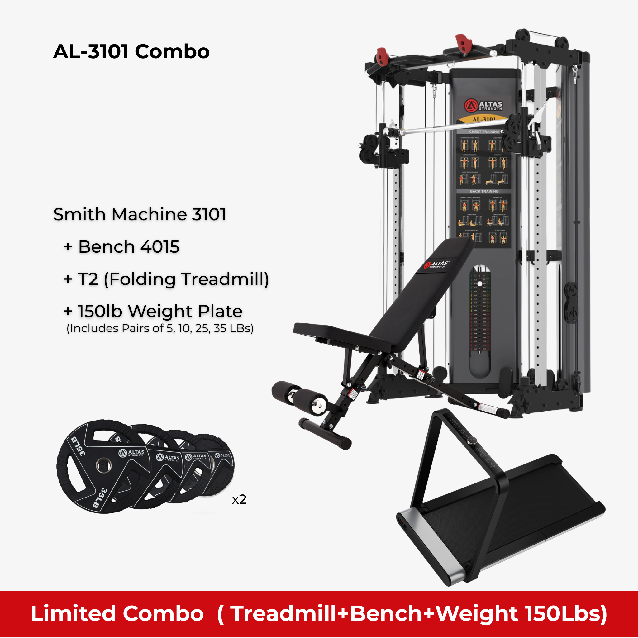 Combo - Smith Machine AL-3101 + Bench AL-4015 + Folding Treadmill AL-T2 + 150LB Weight Plate