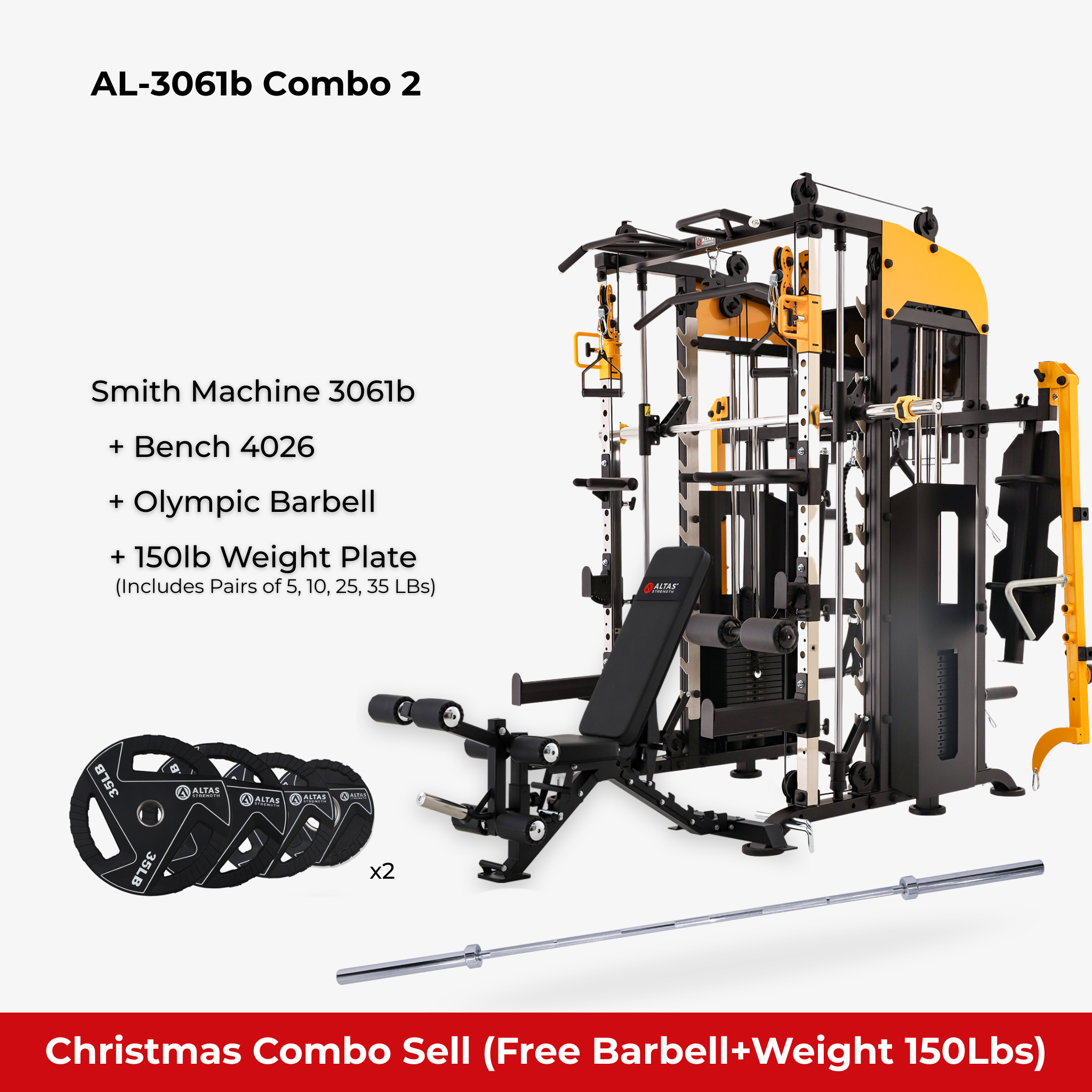 Christmas Combo - Smith Machine AL-3061B + Bench AL-4026 + Olympic Barbell + 150lb Weight Plate