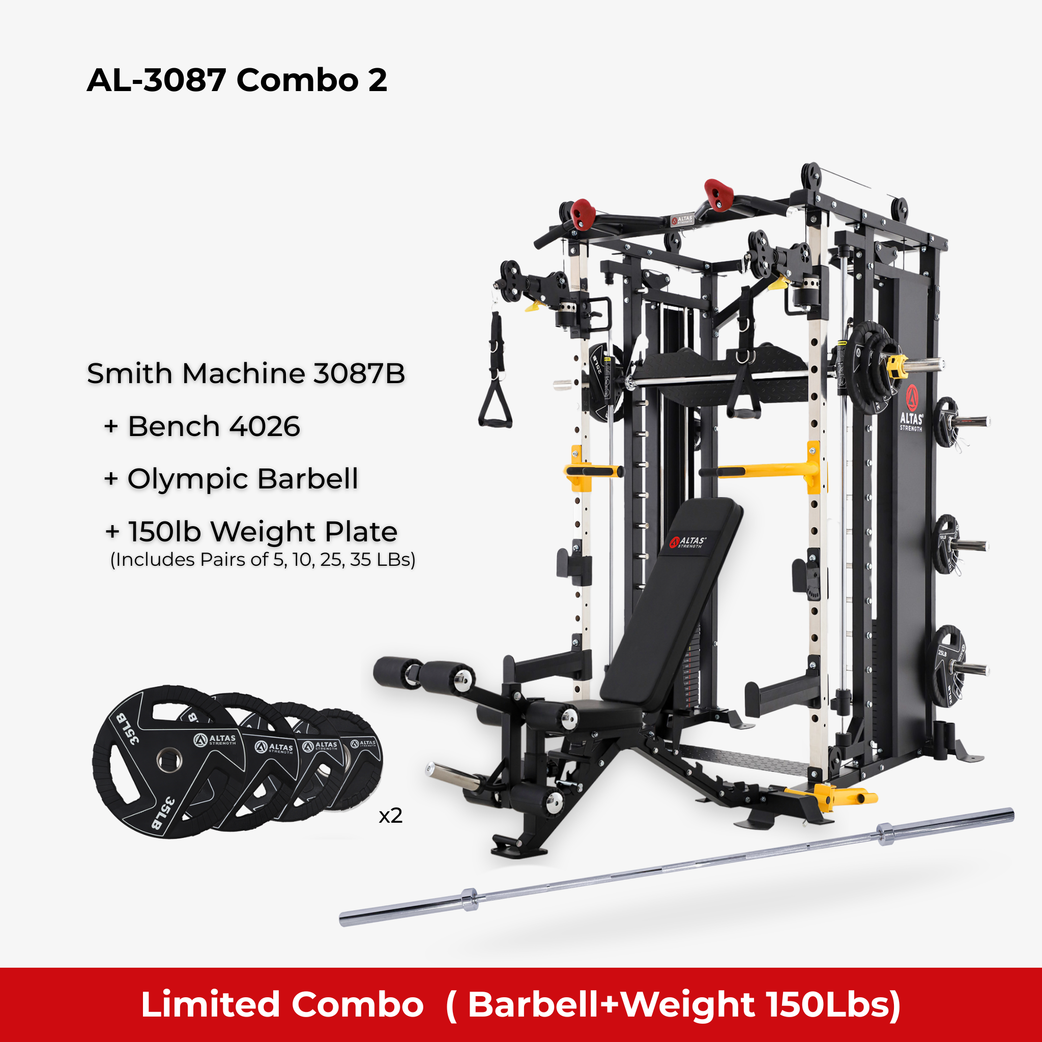 Combo - Smith Machine AL-3087B + Bench AL-4026 + Olympic Barbell + 150lb Weight Plate