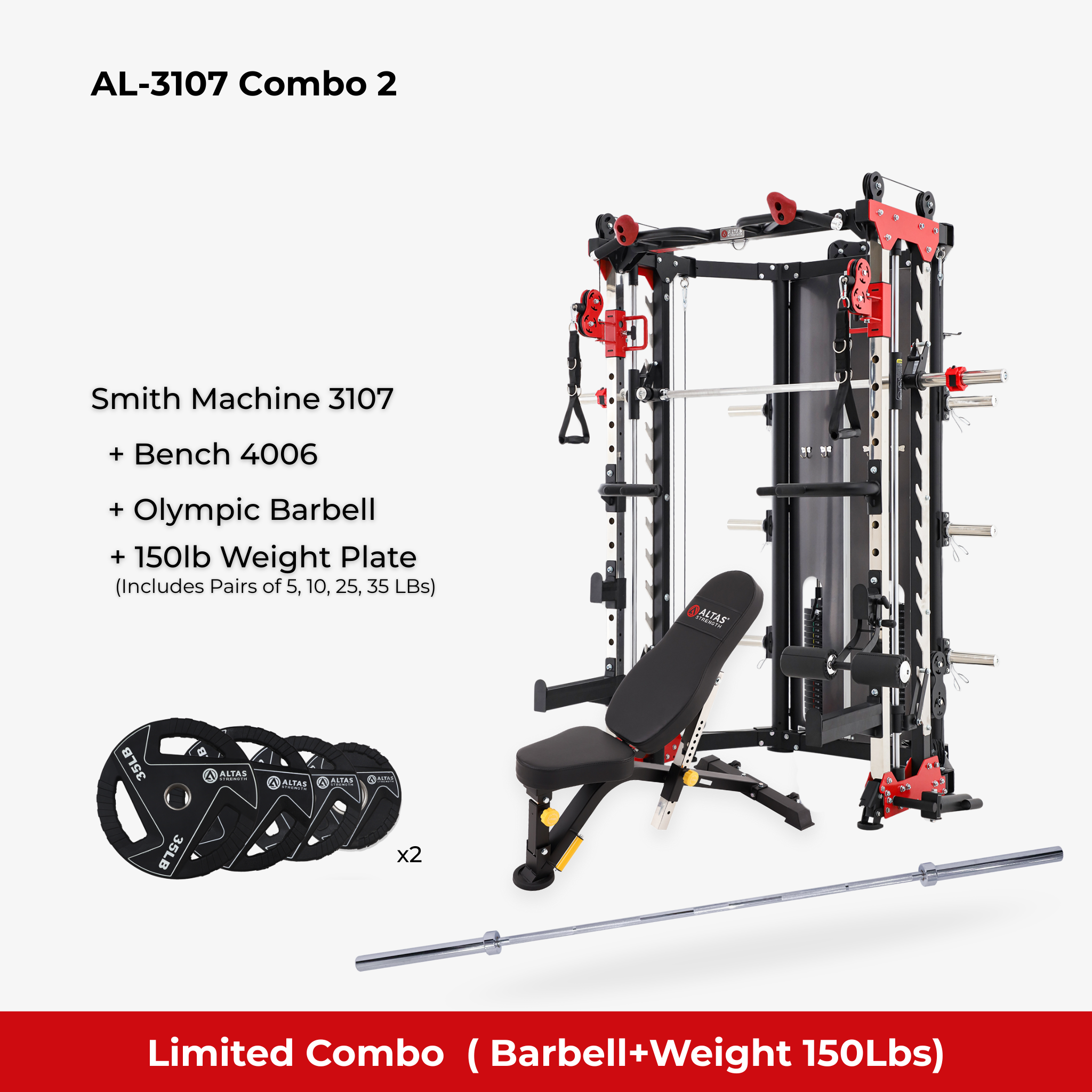 Combo - Smith Machine AL-3107 + Bench AL-4006 + Olympic barbell + 150lb Weight Plate