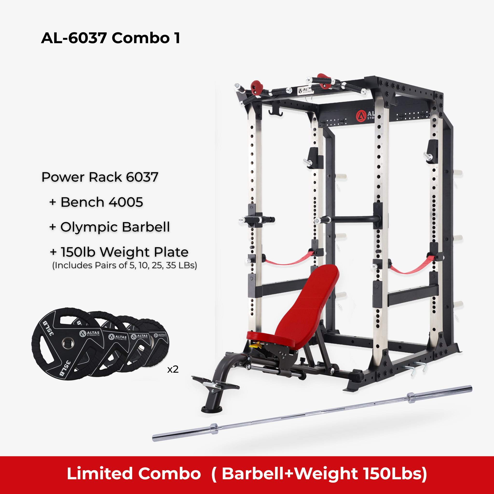 Combo - Altas Strength Power Rack AL-6037+4005+Barbell+Weight Plate(5-35lb )