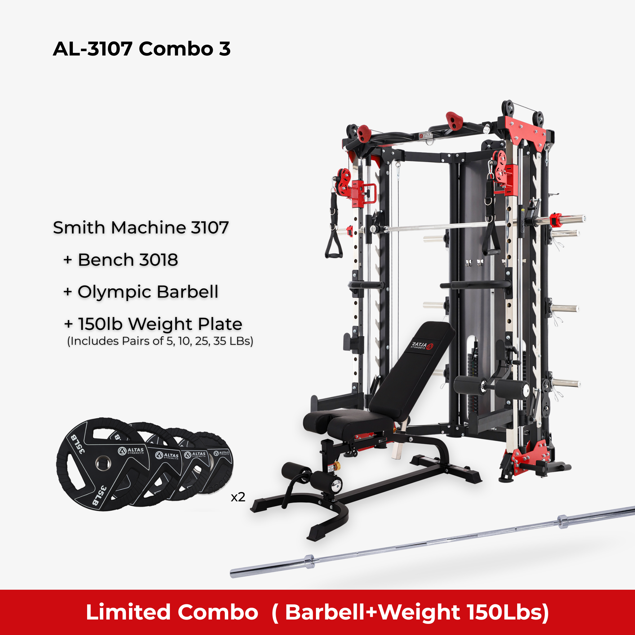 Combo - Smith Machine AL-3107 + Bench AL-3018 + 150lb weight plates + Barbell