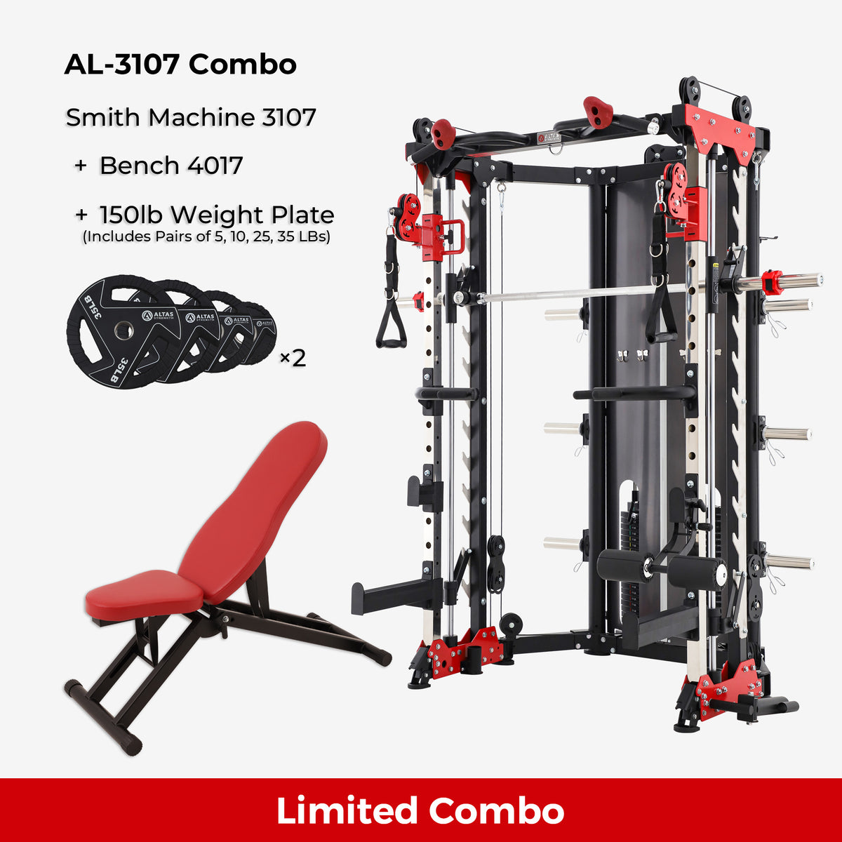 Combo - Smith Machine AL-3107 + Bench AL-4017 + 150lb Weight Plates