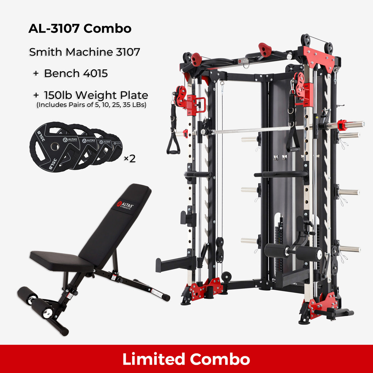 Combo - Smith Machine AL-3107 + Bench AL-4015 + 150lb Weight Plates
