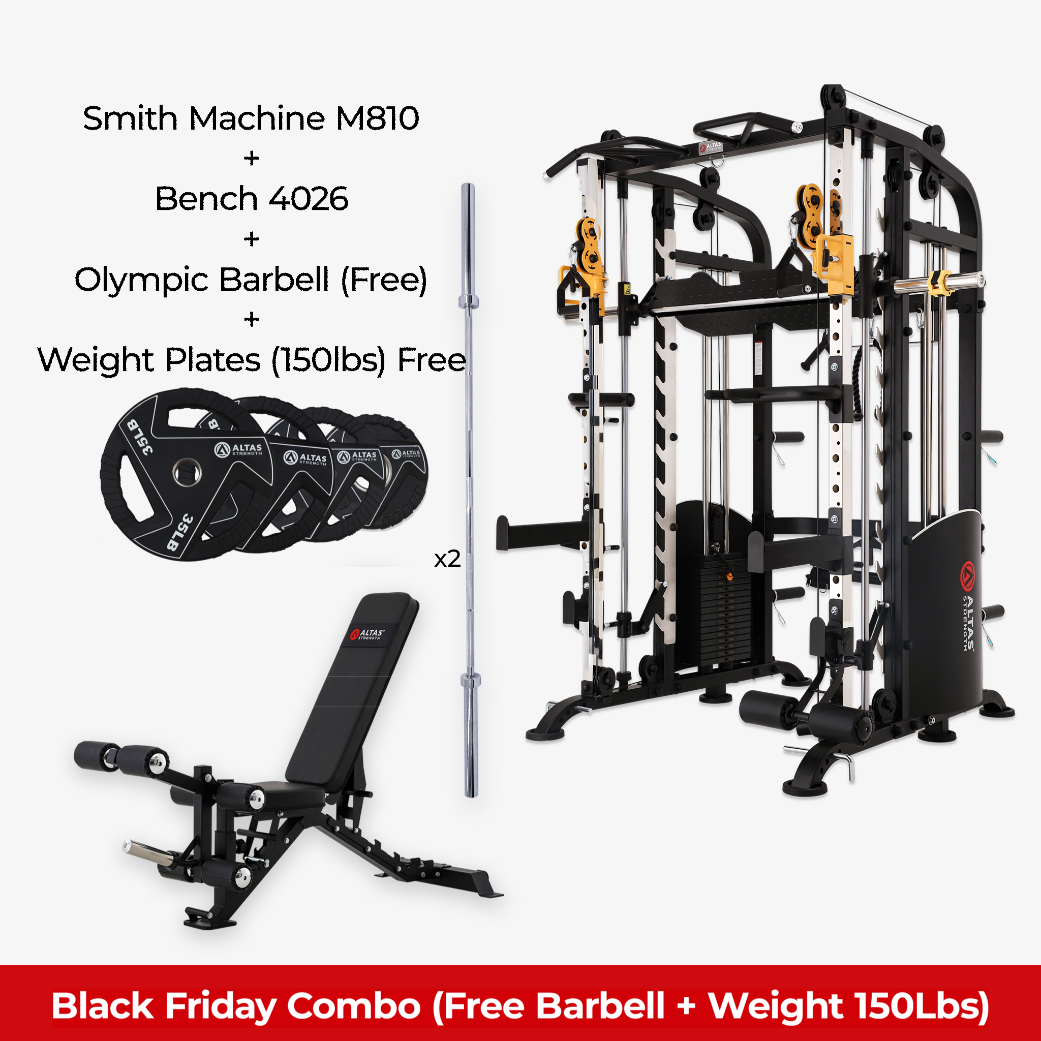 Black Friday Combo - Smith Machine AL-M810 + Bench AL-4026 + Free Olympic Barbell + Free 150lb Weight Plate