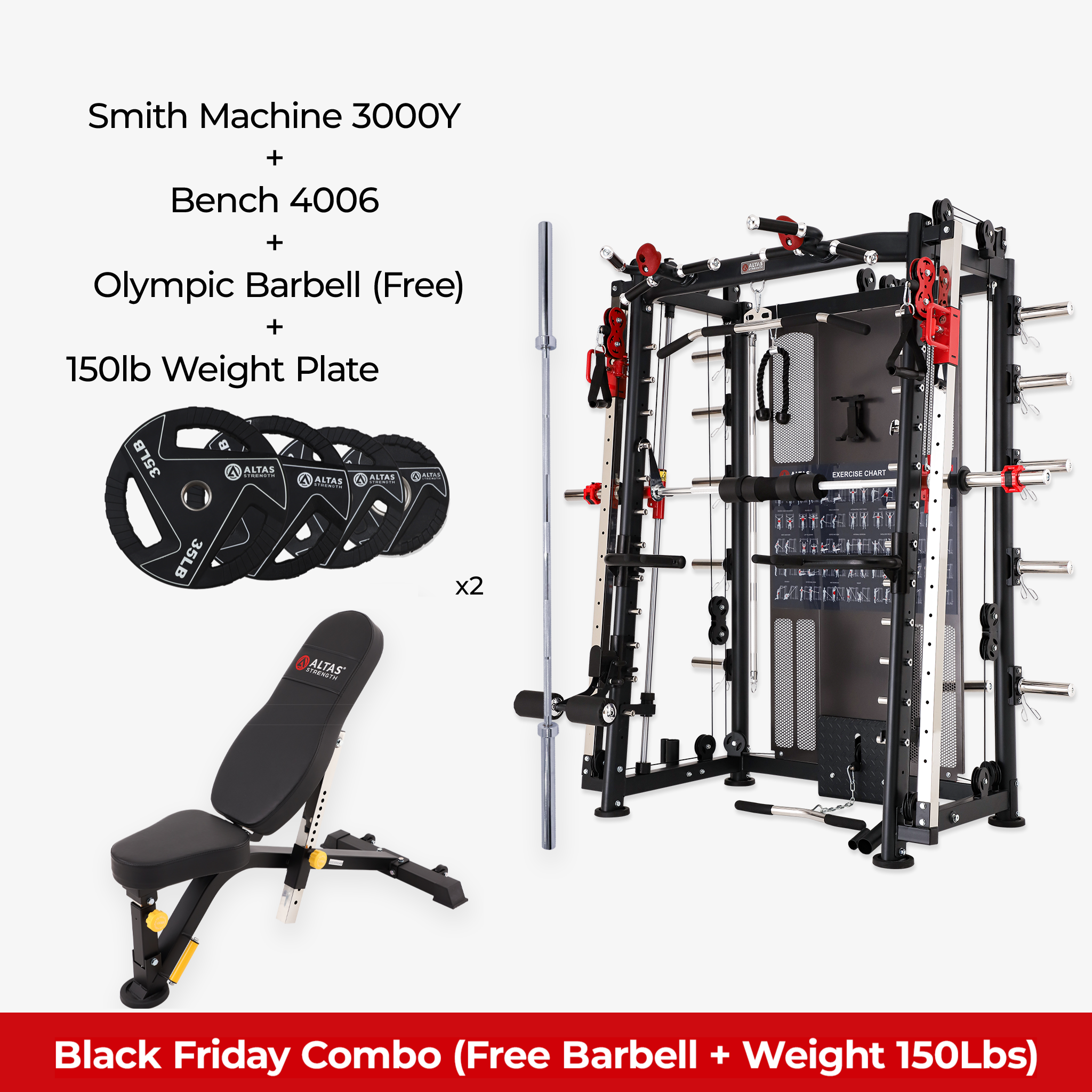 Black Friday Combo - Smith Machine AL-3000Y + Bench AL-4006 + Olympic Barbel l+ 150lb Weight Plates