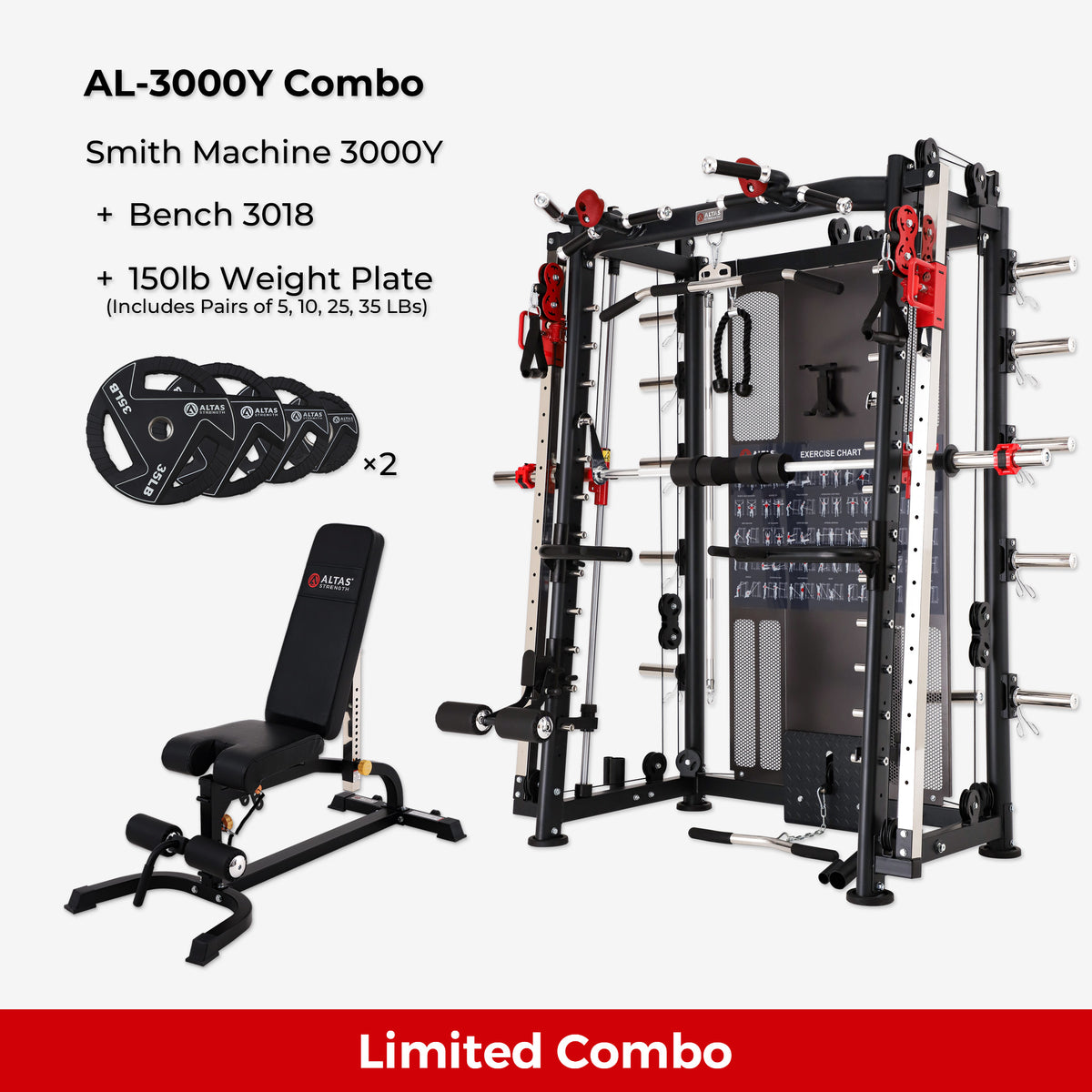 Cambo—Multi-Function Smith Machine 2000LB AL-3000Y+Bench+Accessories AL-3000Y AL-3018 5-35IB weight plate