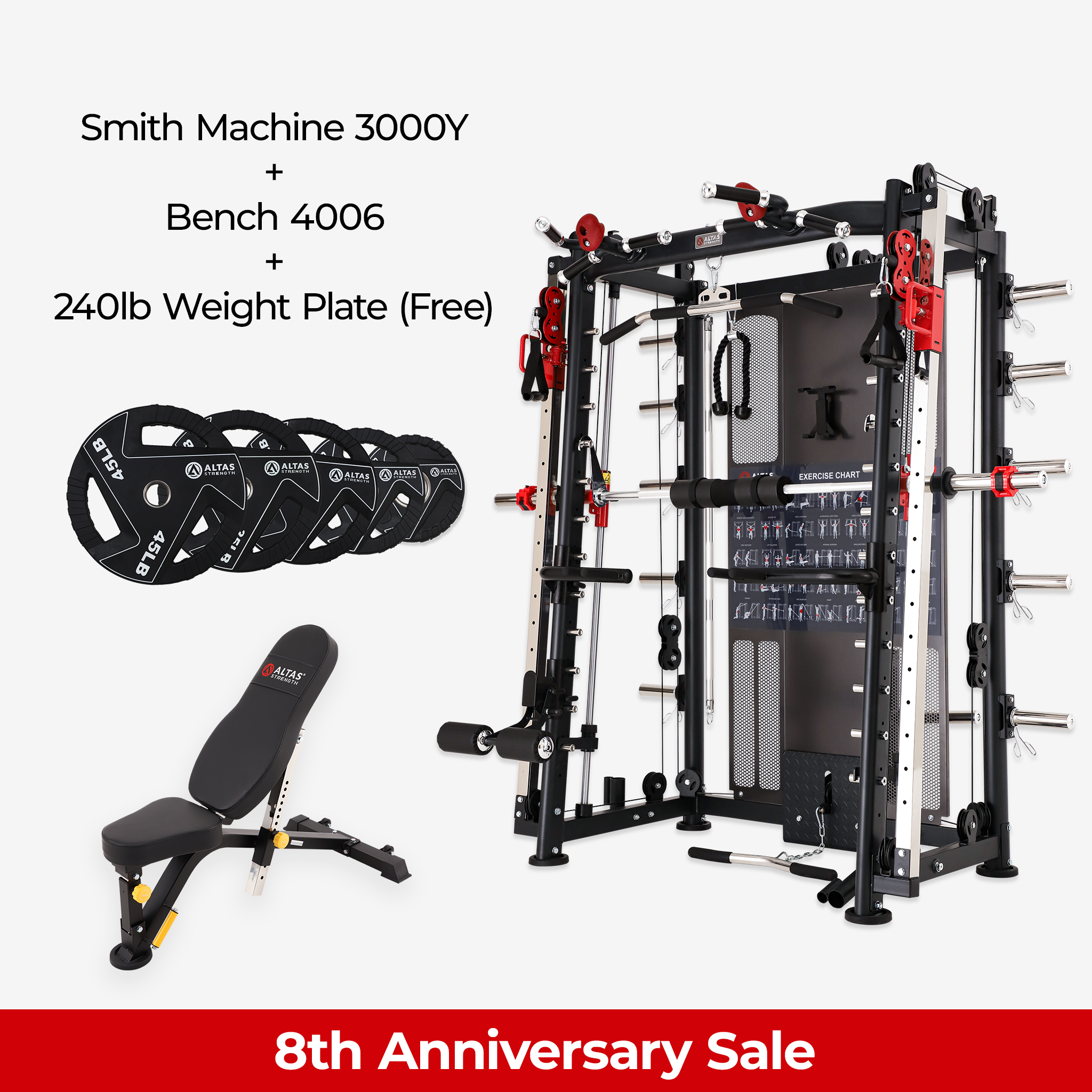 8th Anniversary Combo - Smith Machine AL-3000Y + Bench AL-4006 + 240lb Weight Plates(Free)