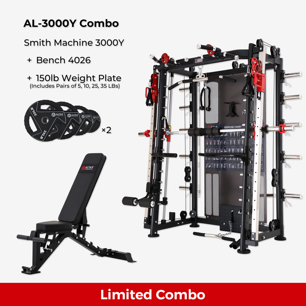 Cambo—Multi-Function Smith Machine 2000LB AL-3000Y+Bench+Accessories AL-3000Y AL-4026 5-35IB weight plate
