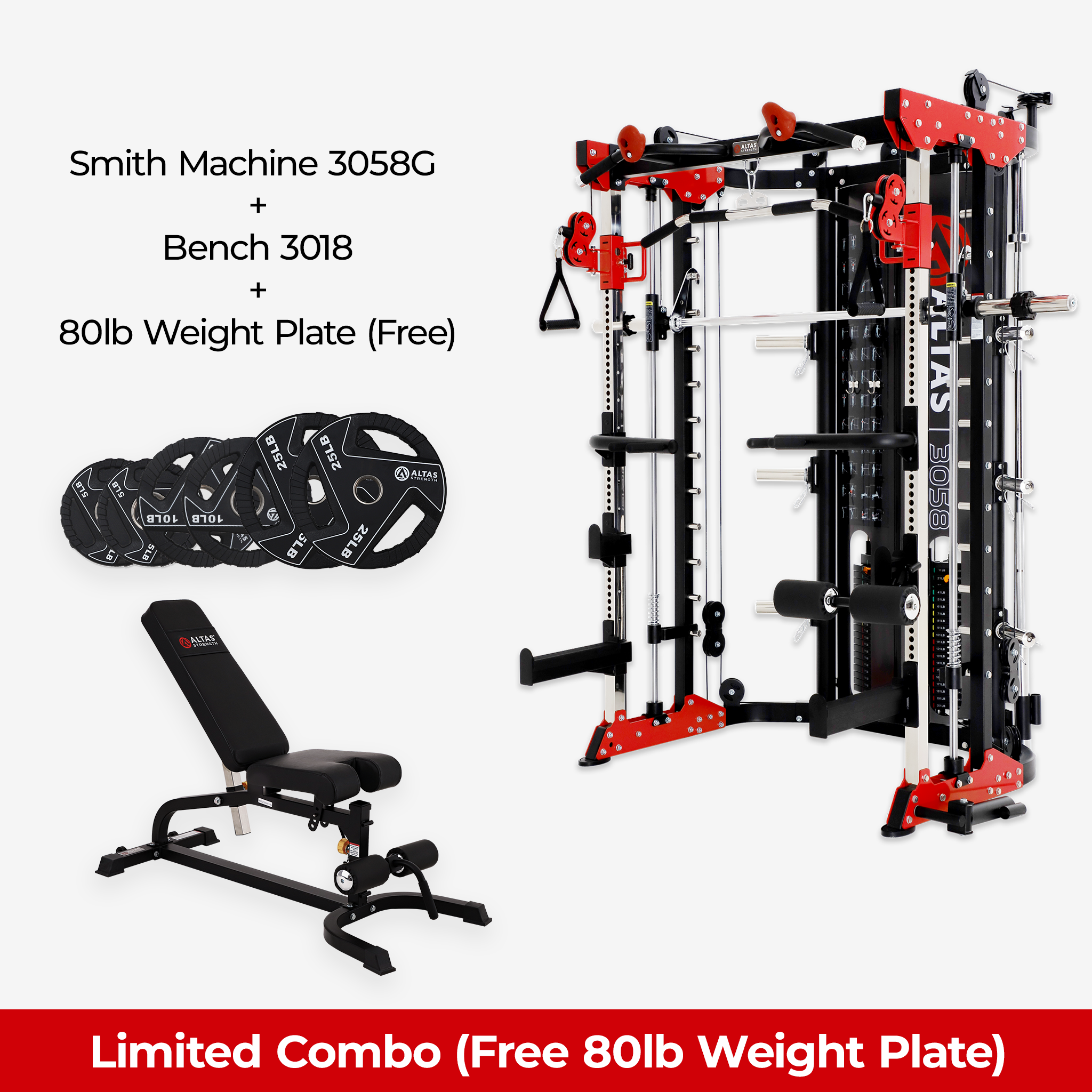 Limited Combo - Smith Machine AL-3058G + Bench AL-3018 + Free 80lb Weight Plate