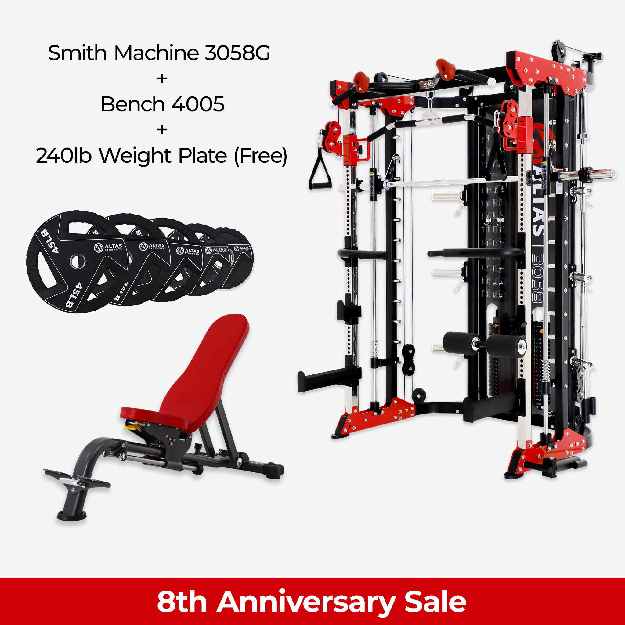 8th Anniversary Combo - Smith Machine AL-3058G + Bench AL-4005 + 240lb Weight Plates(Free)