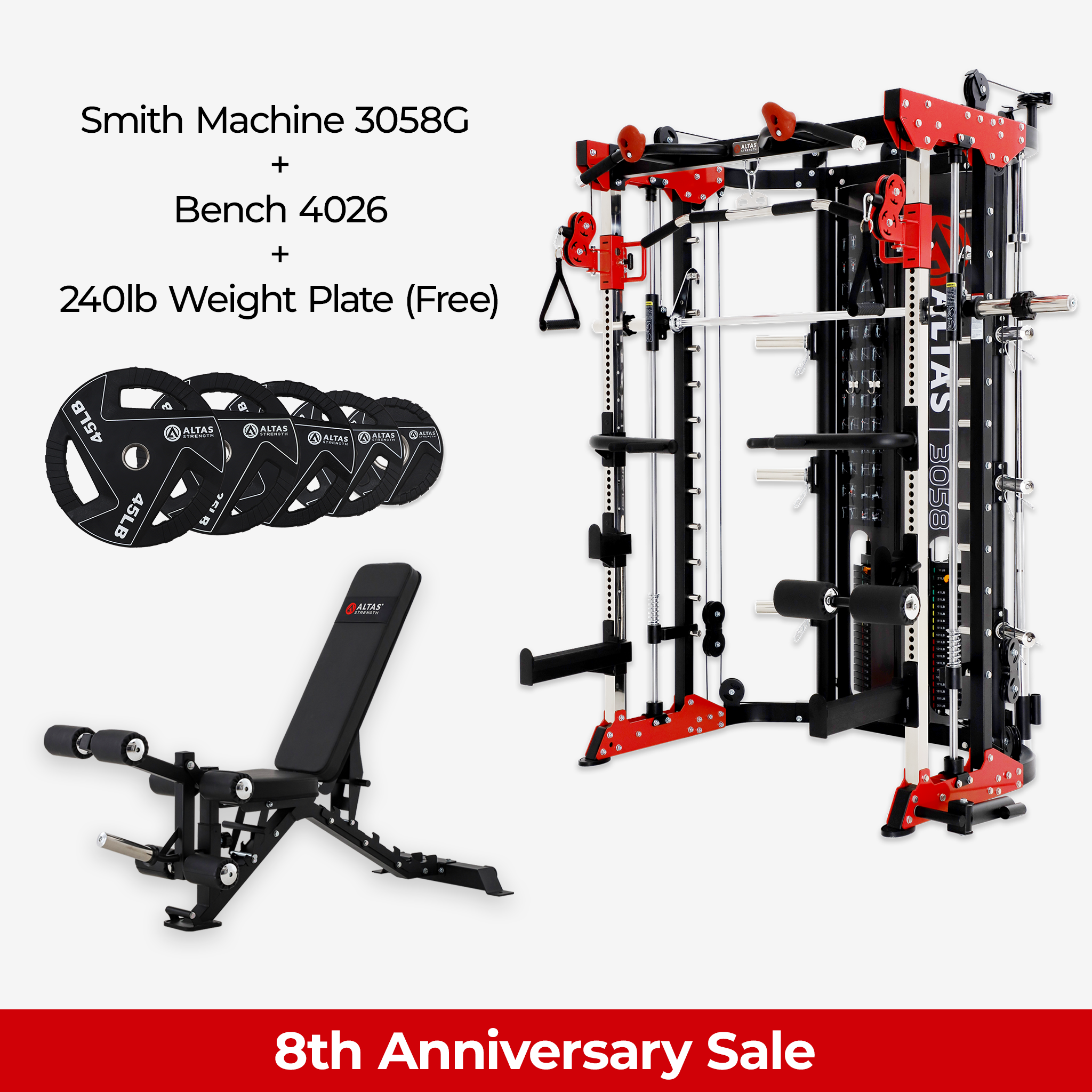 8th Anniversary Combo - Smith Machine AL-3058G + Bench AL-4026 + 240lb Weight Plates(Free)