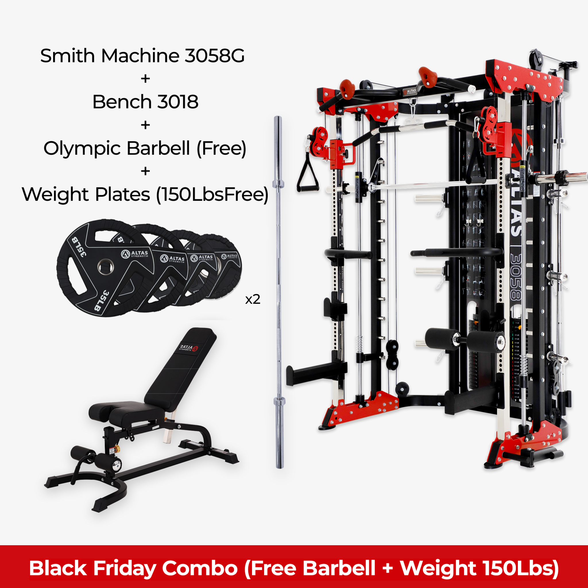 Black Friday Combo - Smith Machine AL-3058G + Bench AL-3018 + Free 150lb Weight Plate + Free Olympic Barbell