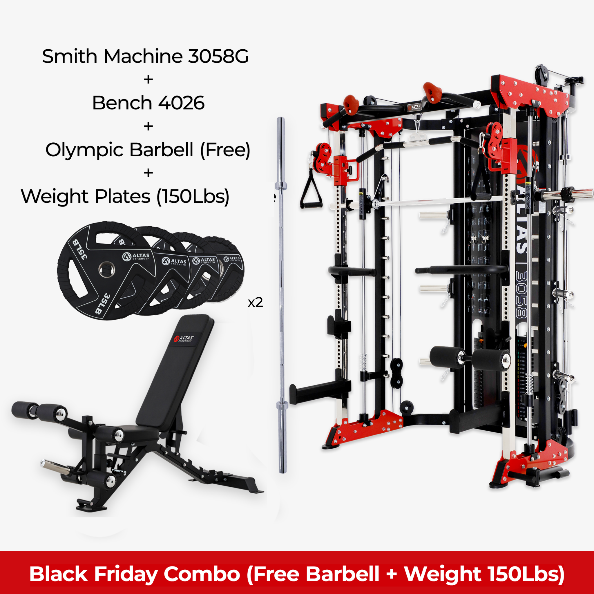 Black Friday Combo - Smith Machine AL-3058G + Bench AL-4026 + Olympic Barbell + 150LB Weight Plate