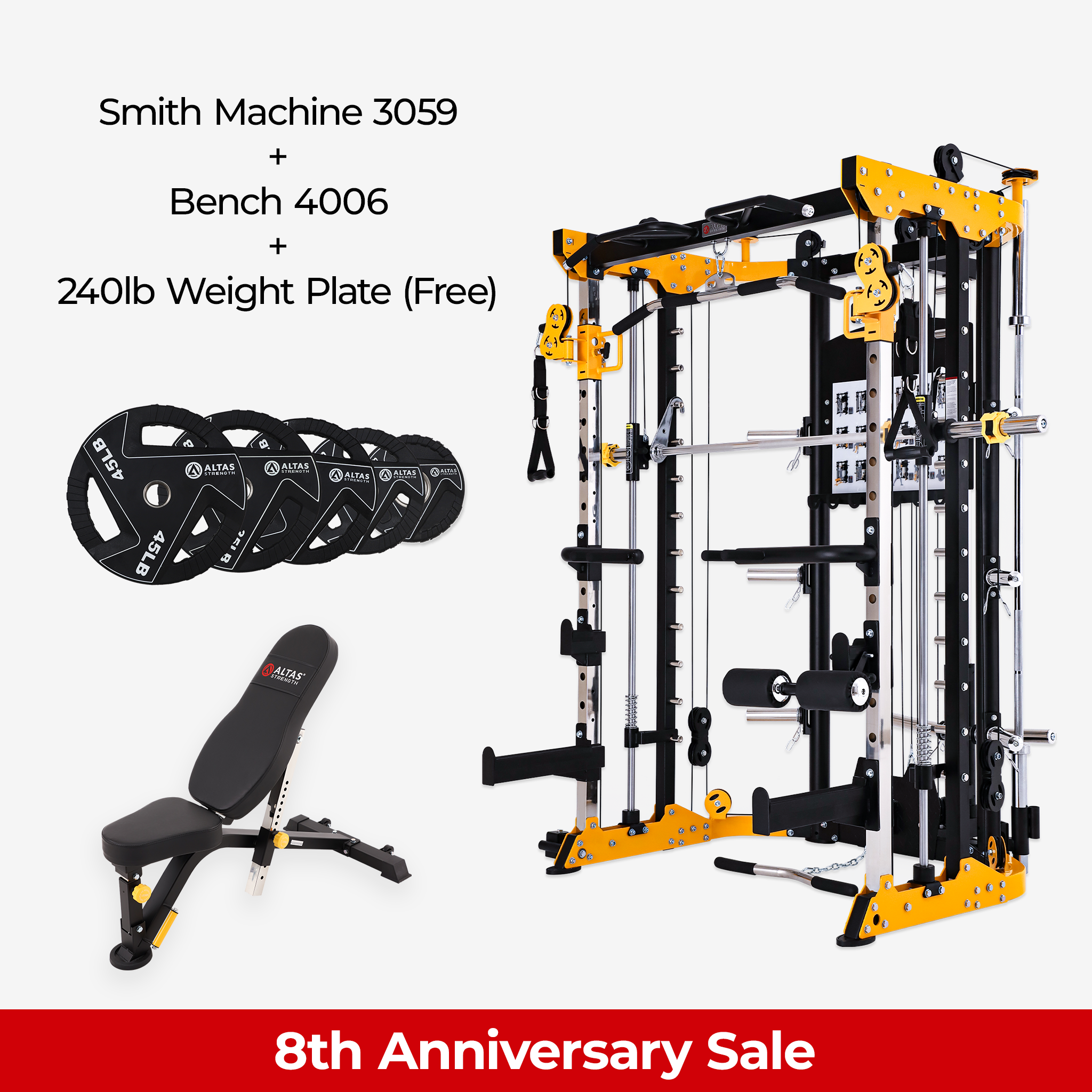 8th Anniversary Combo - Smith Machine AL-3059 + Bench AL-4006 + 240lb Weight Plates(Free)