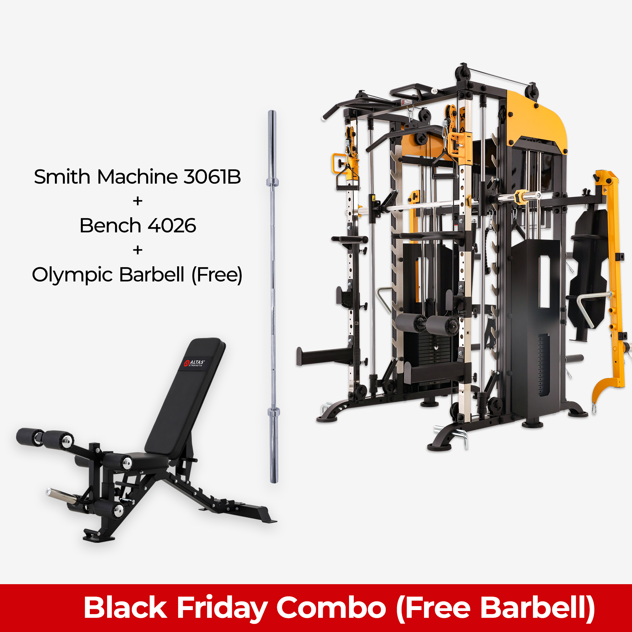 Black Friday Combo - Smith Machine AL-3061B + Bench AL-4026 + Free Olympic Barbell