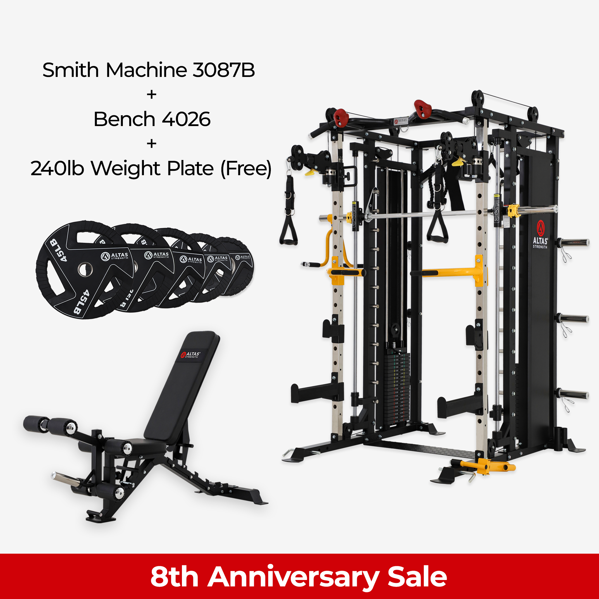 8th Anniversary Combo - Smith Machine AL-3087B + Bench AL-4026 + 240lb Weight Plates(Free)