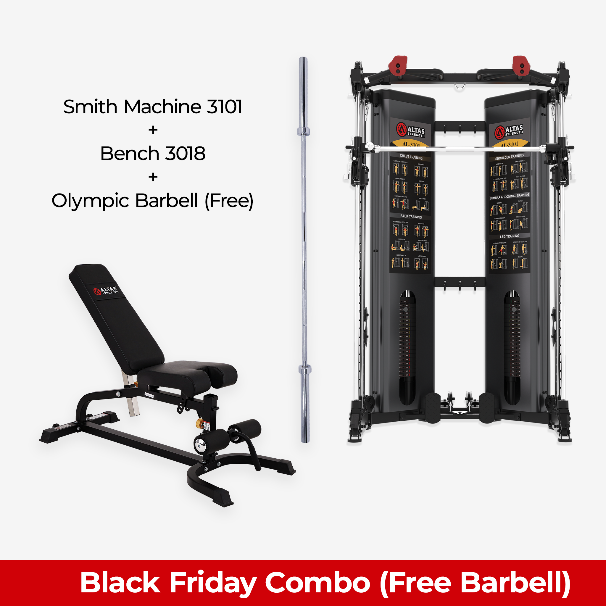 Black Friday Combo - Smith Machine AL-3101 + Bench AL-3018 + Free Olympic Barbell