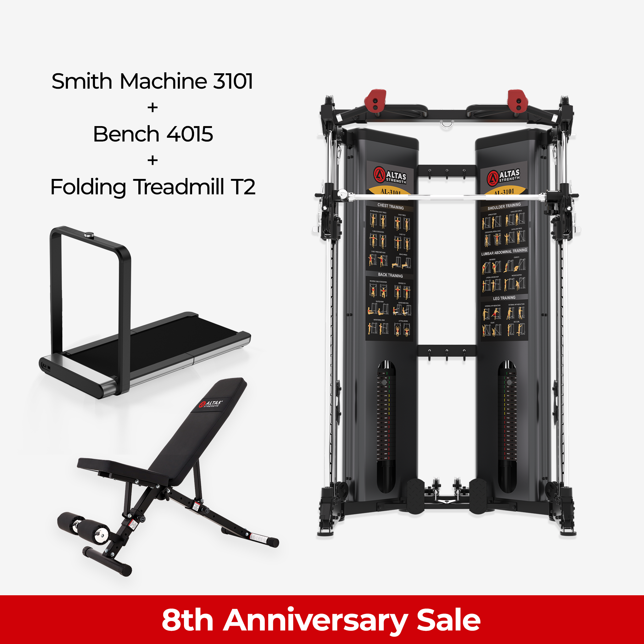 8th Anniversary Combo - Smith Machine AL-3101 + Bench AL-4015 + Folding Treadmill AL-T2