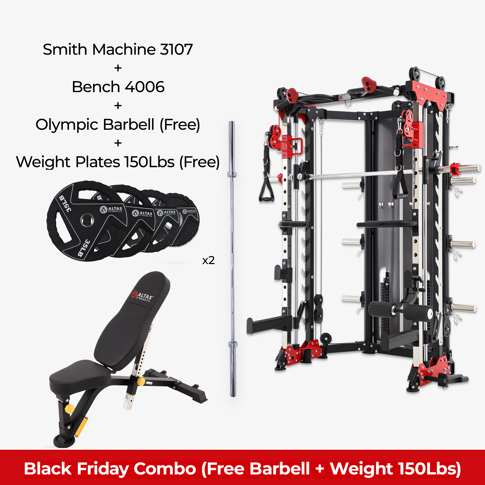 Black Friday Combo - Smith Machine AL-3107 + Bench AL-4006 + Free Olympic barbell + Free 150lb Weight Plate