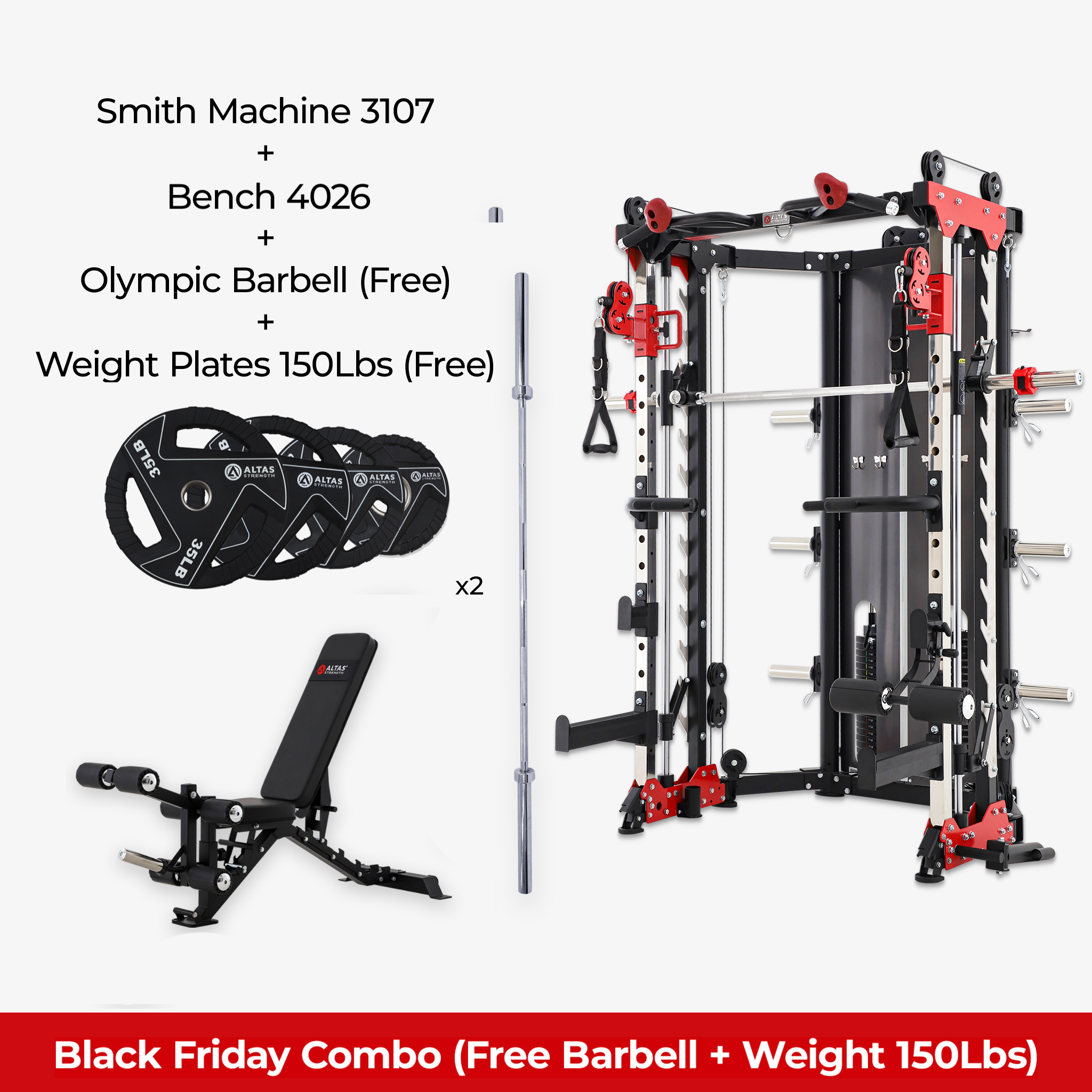 Black Friday Combo - Smith Machine AL-3107 + Bench AL-4026 + Free 150lb weight plates + Free Barbell