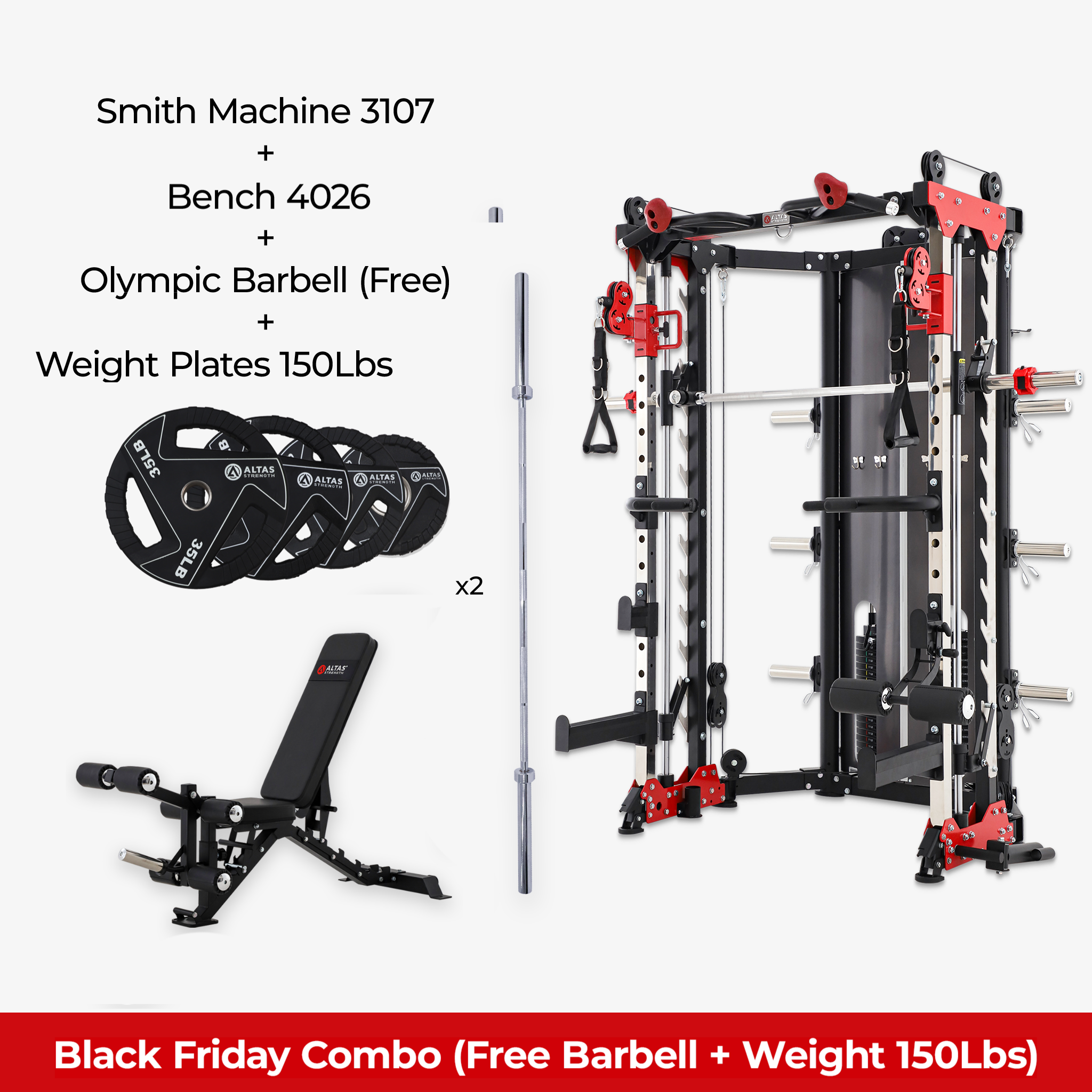 Black Friday Combo - Smith Machine AL-3107 + Bench AL-4026 + 150lb weight plates + Barbell