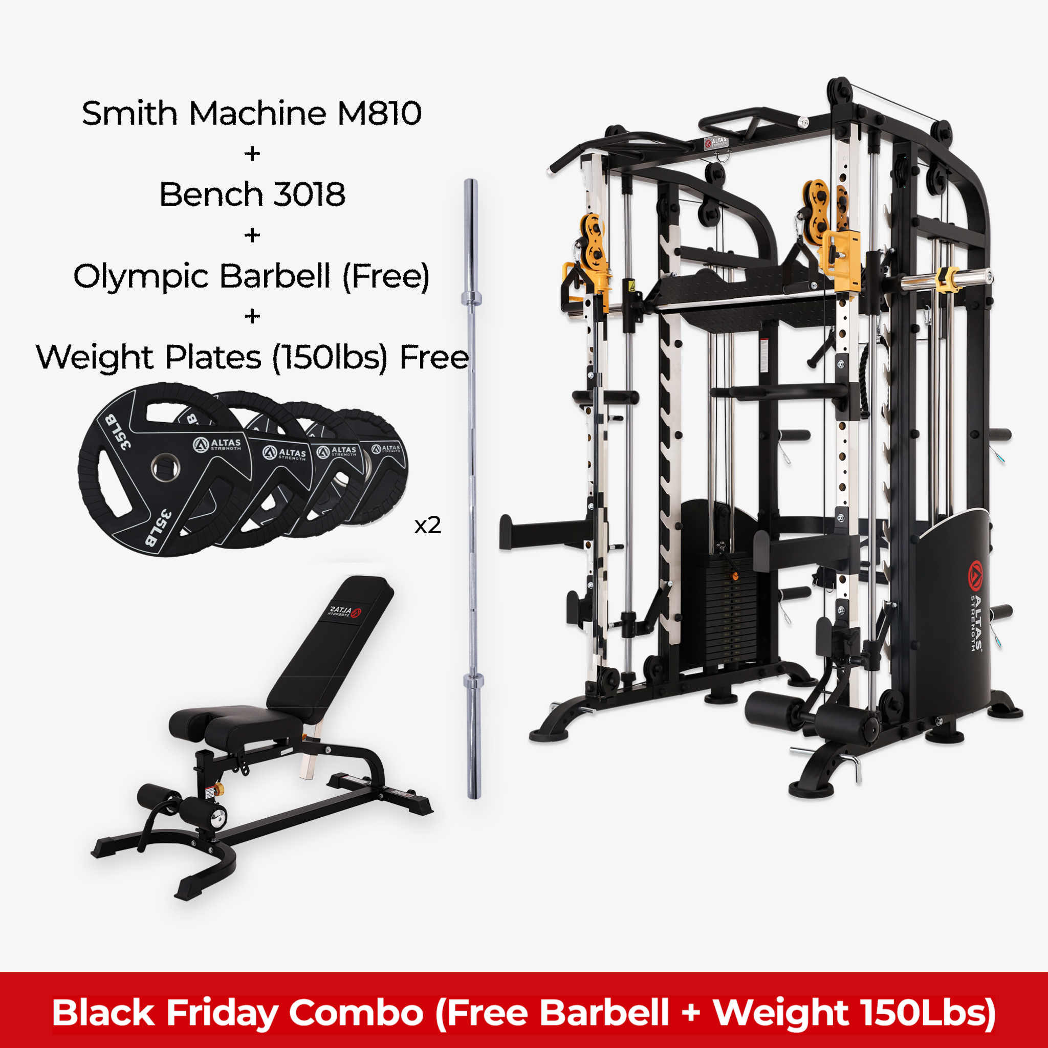 Black Friday Combo - Smith Machine AL-M810 + Bench AL-3018 + Free Barbell + Free 150lb Weights