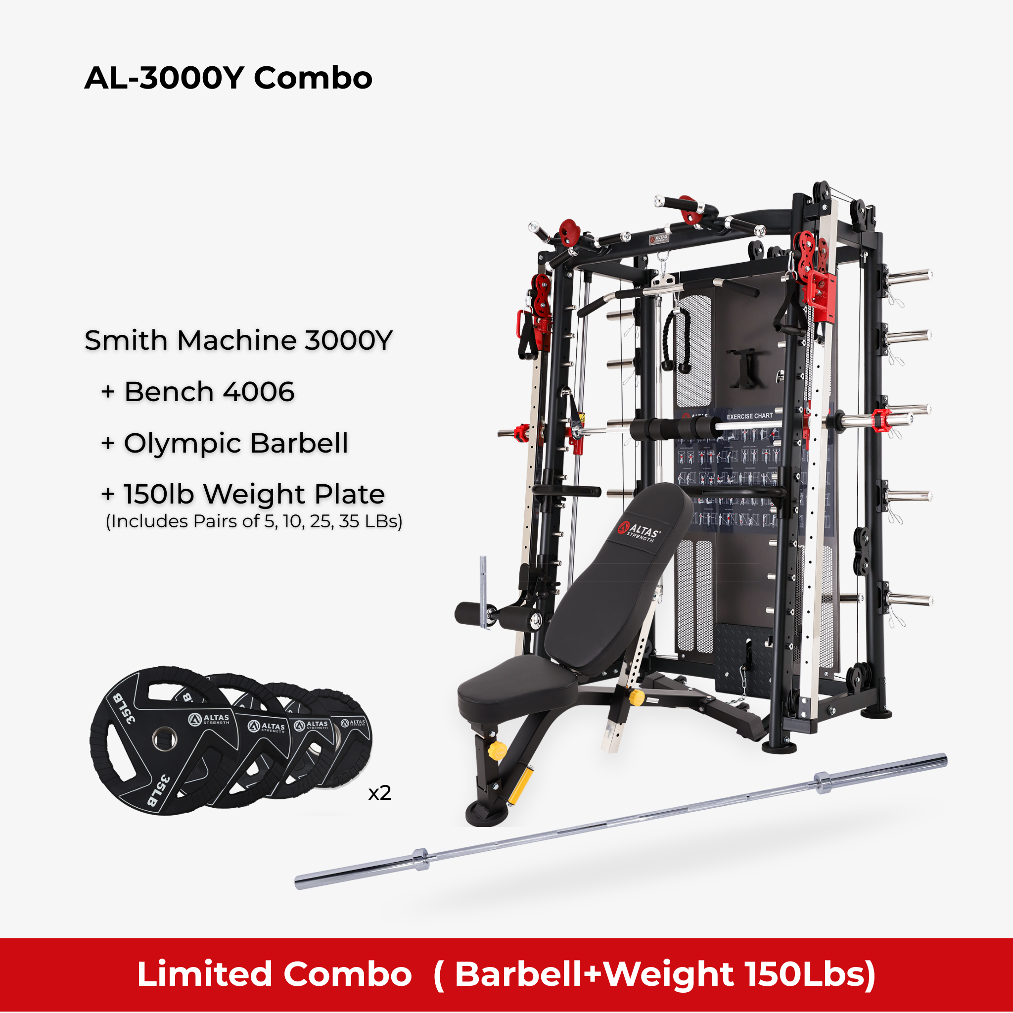 Combo - Smith Machine AL-3000Y + Bench AL-4006 + Olympic Barbel l+ 150lb Weight Plates