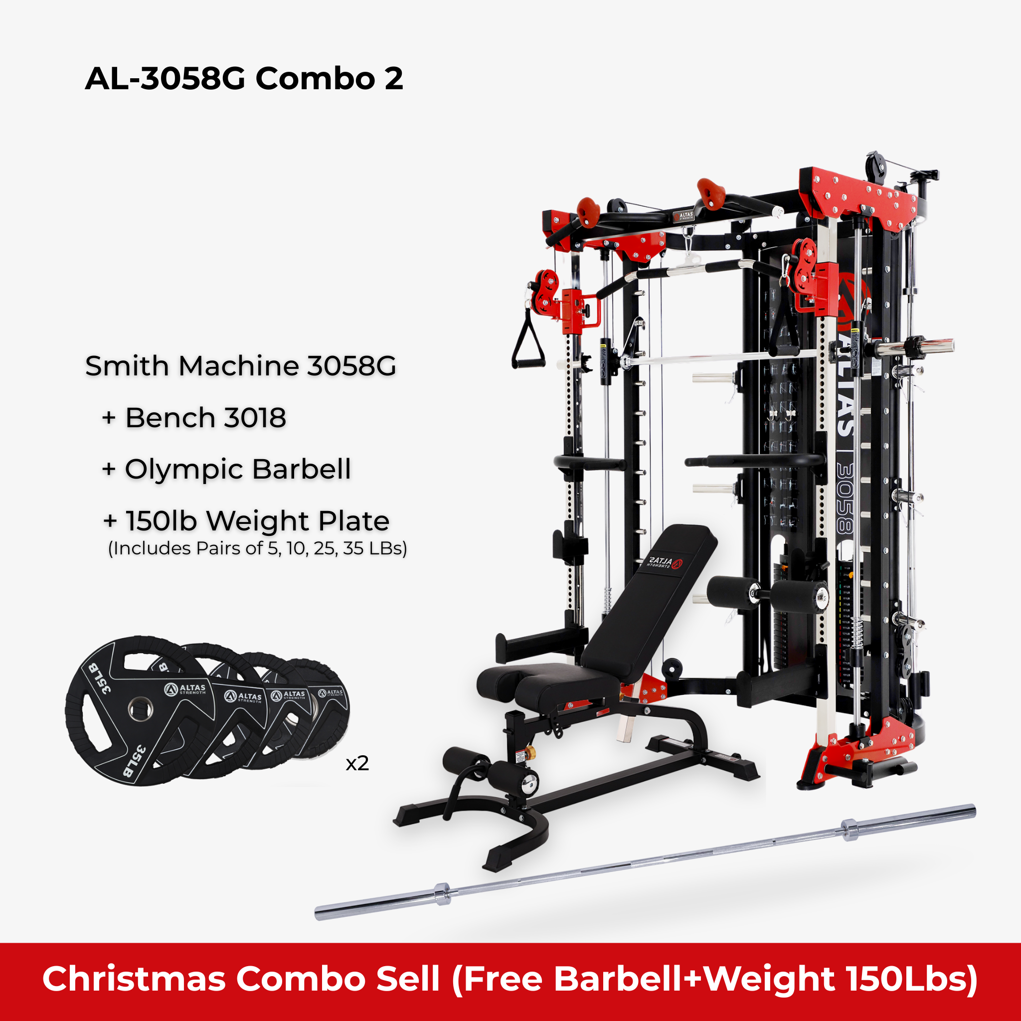 Christmas Combo - Smith Machine AL-3058G + Bench AL-3018 + 150lb Weight Plate + Olympic Barbell