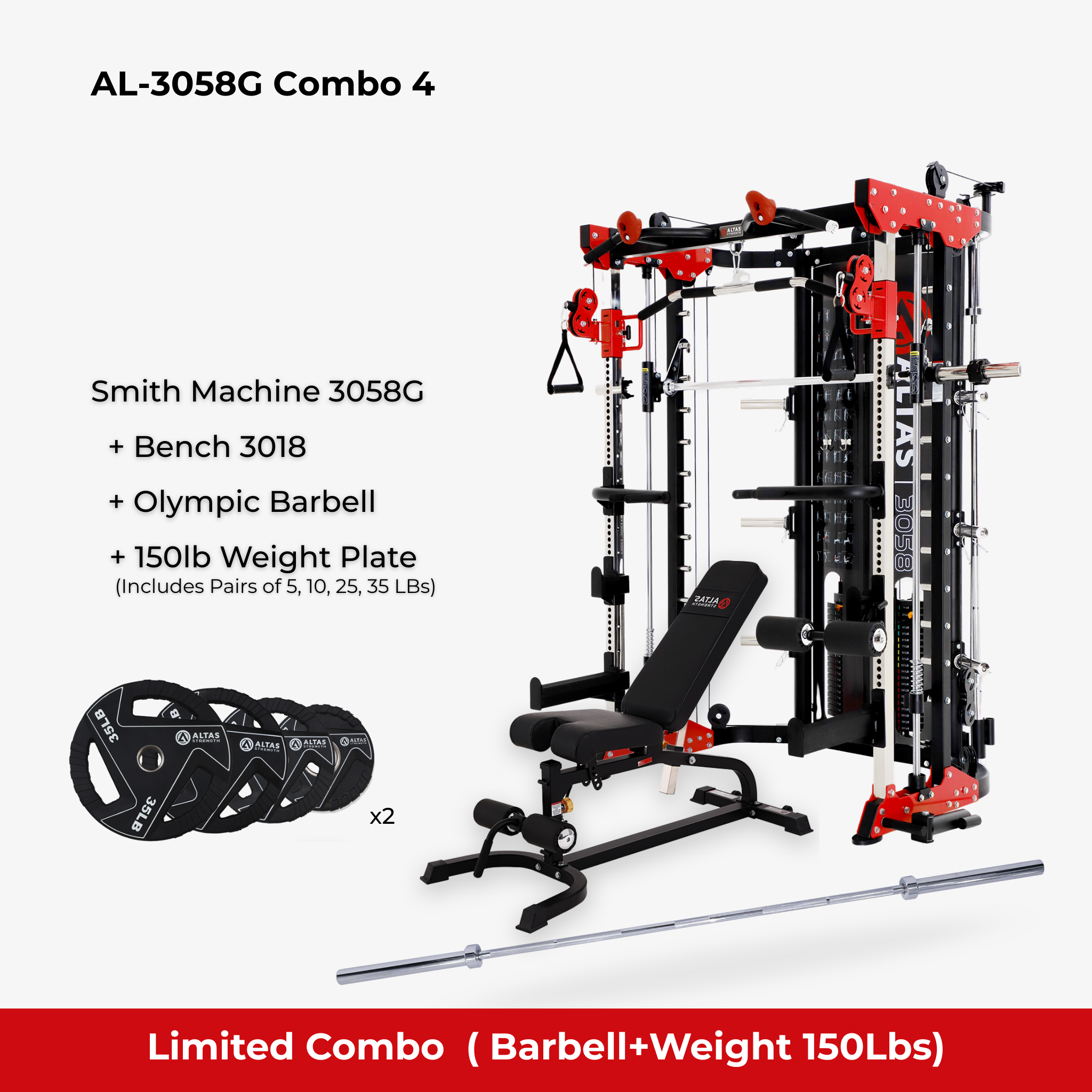 Combo - Smith Machine AL-3058G + Bench AL-3018 + 150lb Weight Plate + Olympic Barbell