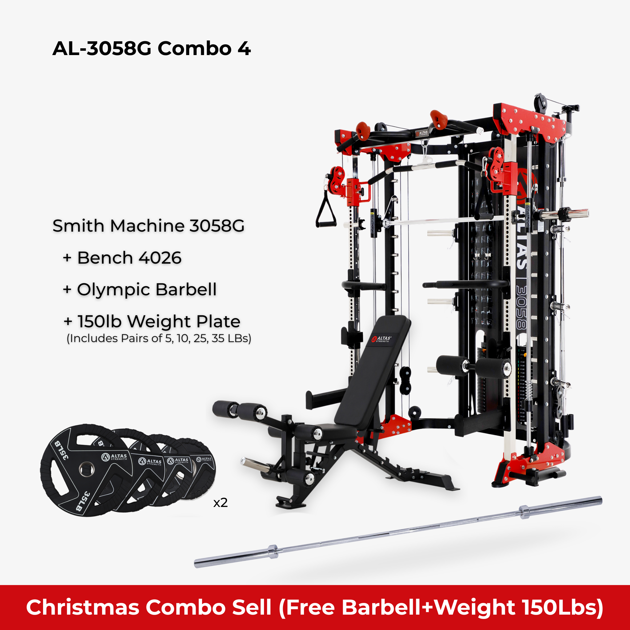 Christmas Combo - Smith Machine AL-3058G + Bench AL-4026 + Olympic Barbell + 150LB Weight Plate