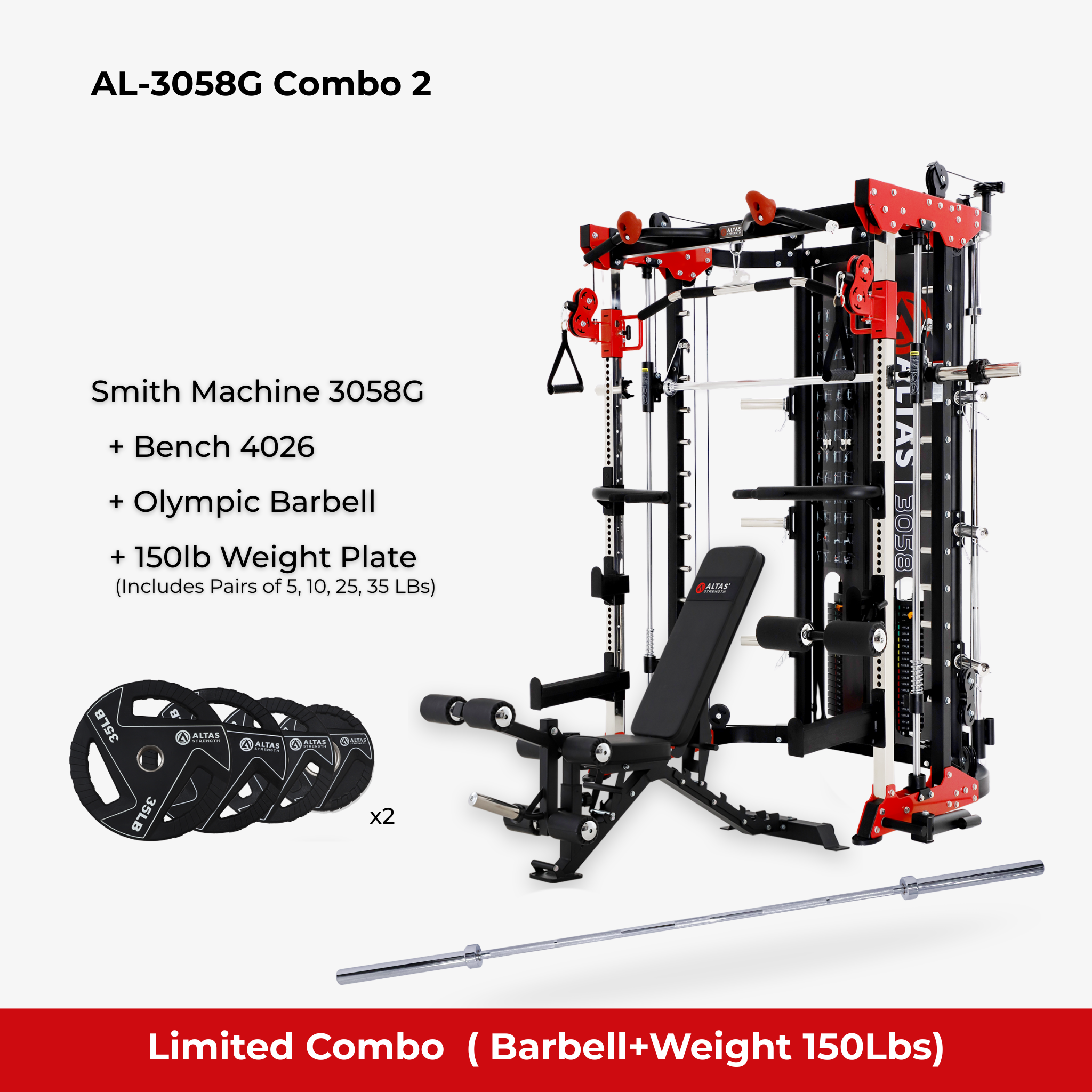 Combo - Smith Machine AL-3058G + Bench AL-4026 + Olympic Barbell + 150LB Weight Plate