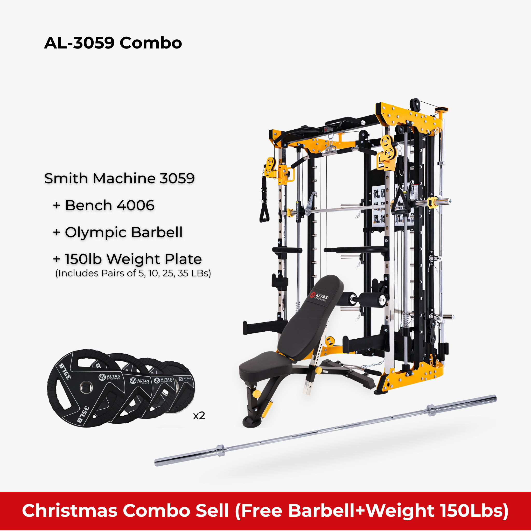 Christmas Combo - Smith Machine AL-3059 + Bench AL-4006 + Olympic Barbell + 150lb Weight Plate