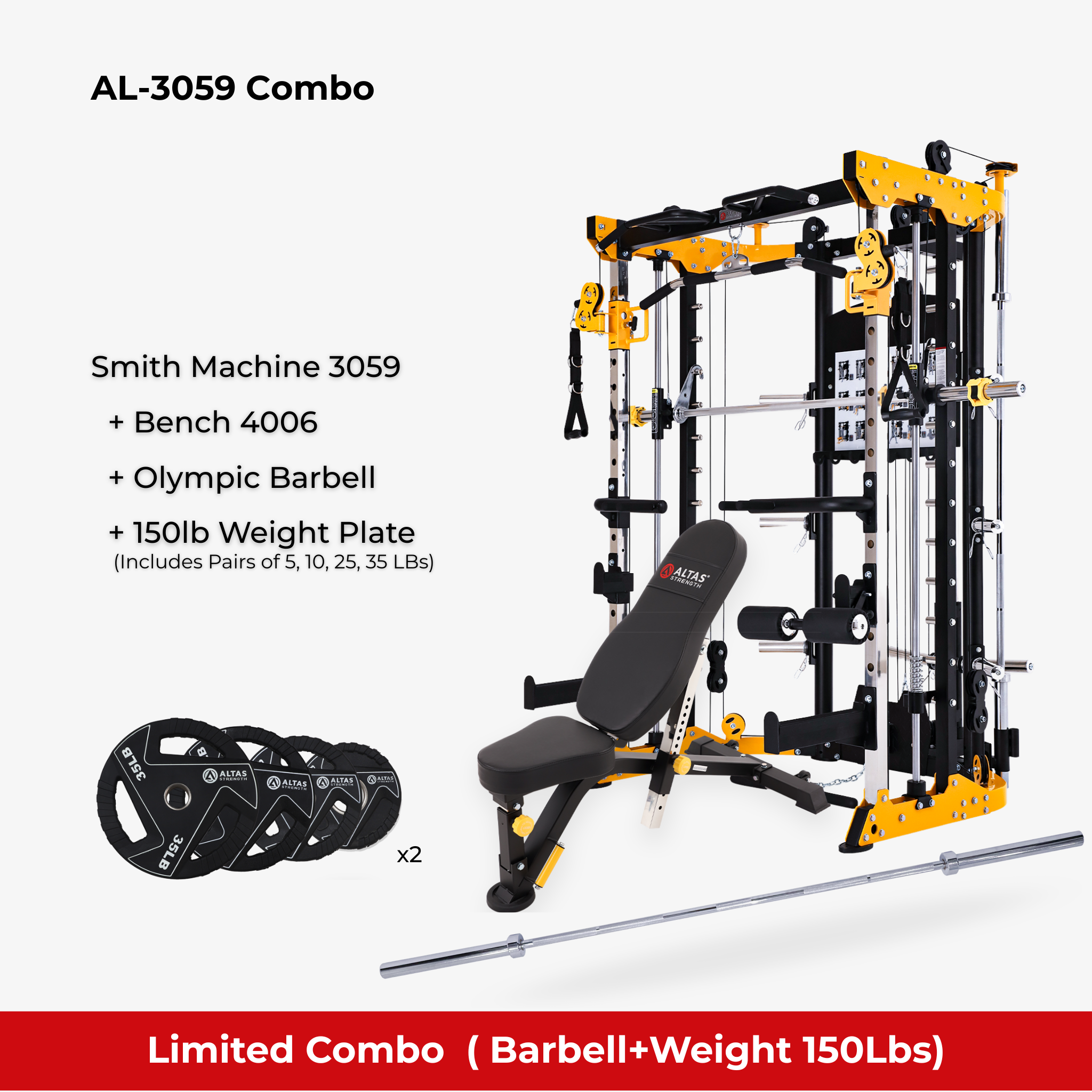 Combo - Smith Machine AL-3059 + Bench AL-4006 + Olympic Barbell + 150lb Weight Plate