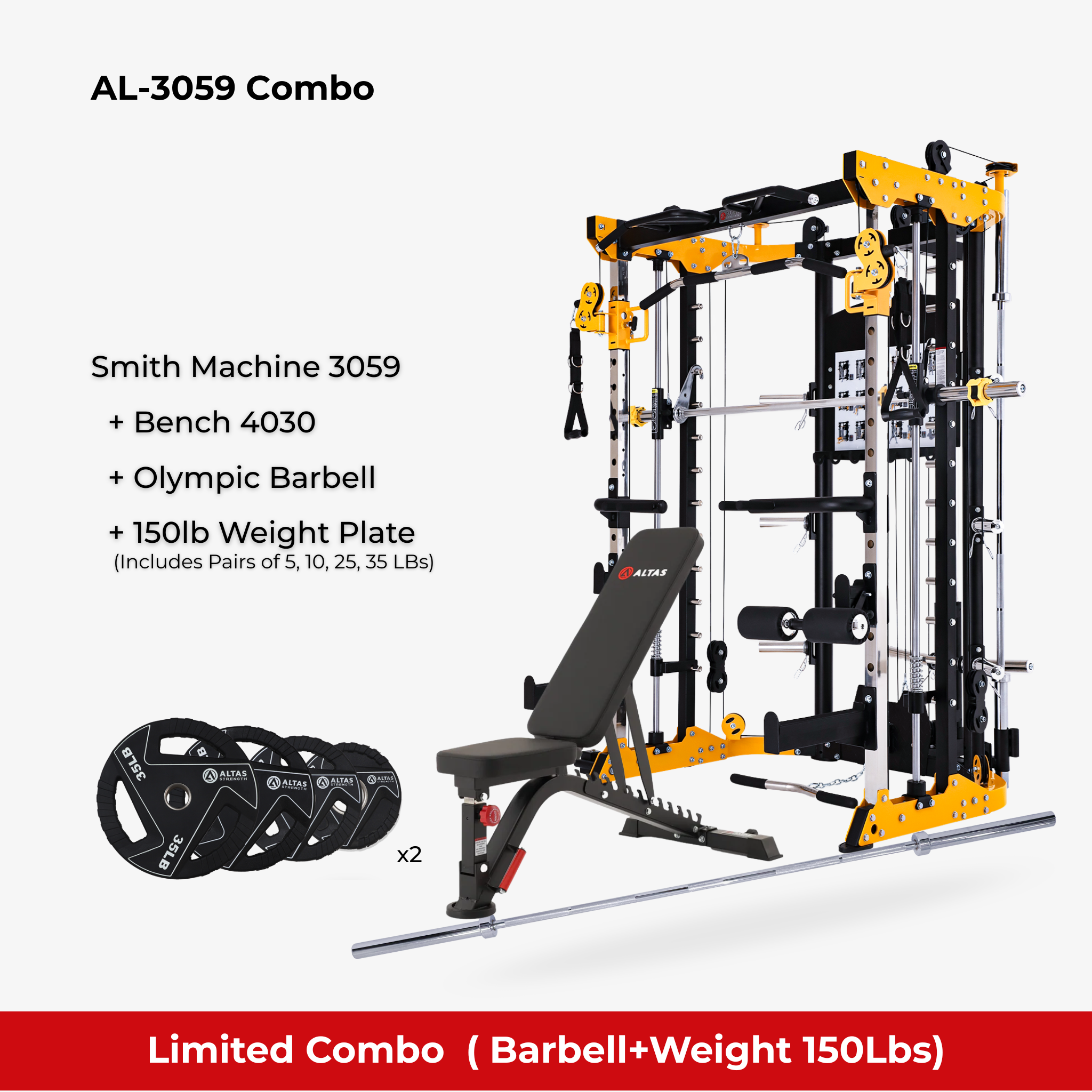 Combo - Smith Machine AL-3059 + Bench AL-4030 + Olympic Barbell + 150lb Weight Plate