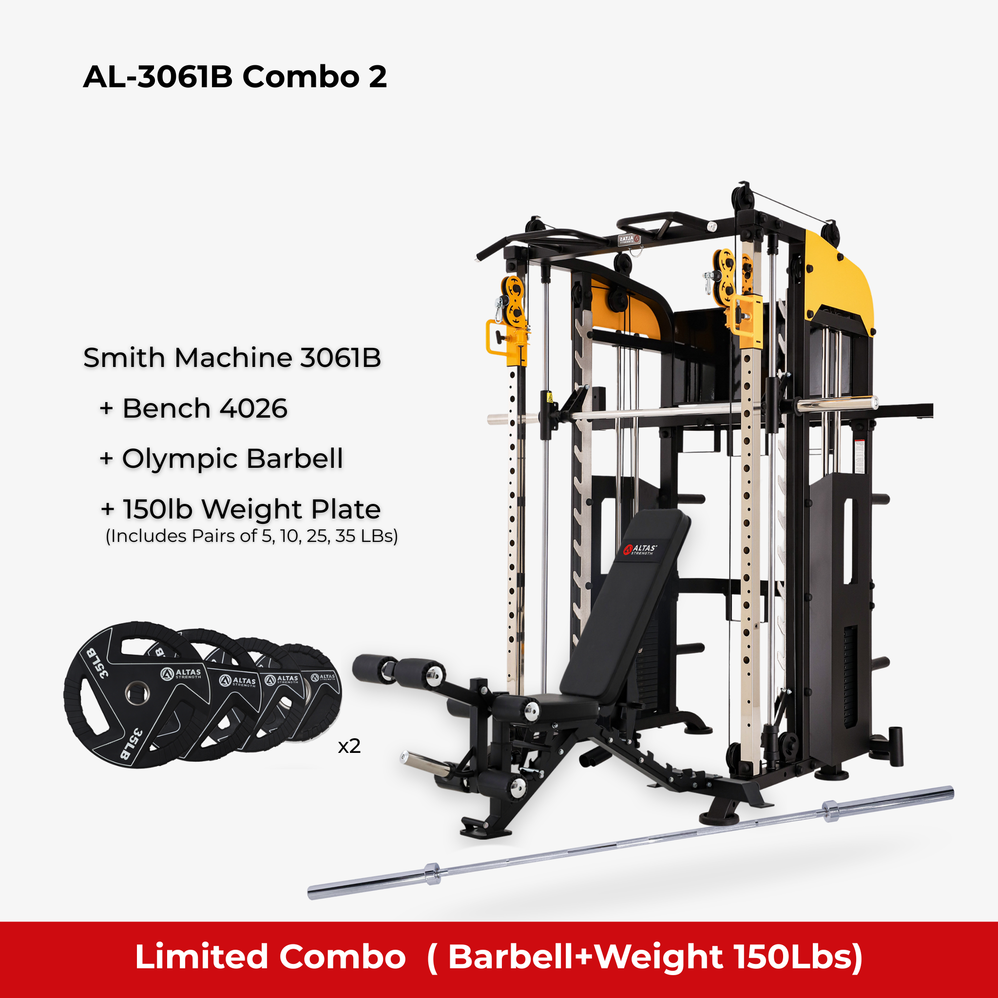 Combo - Smith Machine AL-3061B + Bench AL-4026 + Olympic Barbell + 150lb Weight Plate