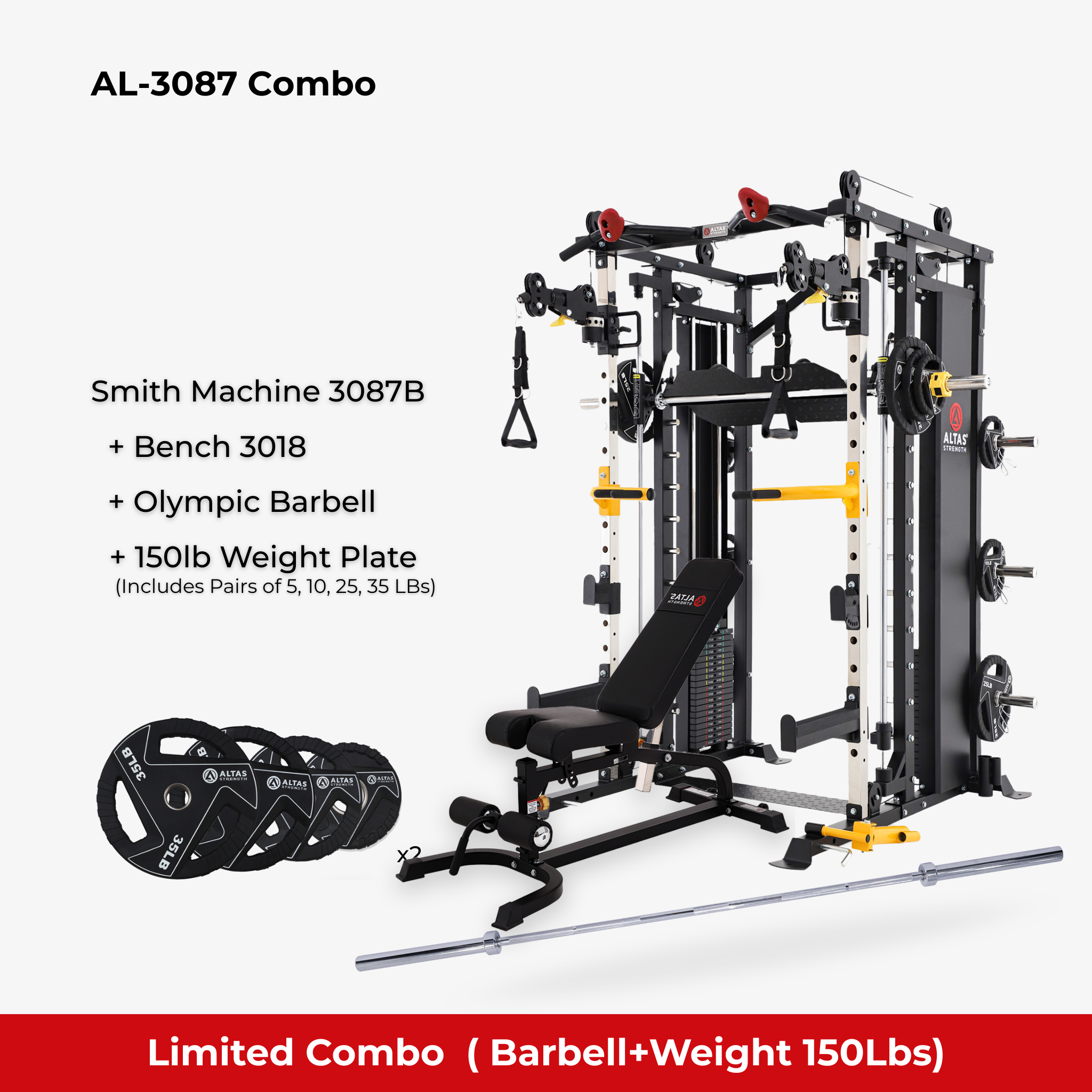 Combo - Smith Machine AL-3087B + Bench AL-3018 + Olympic Barbell + 150lb Weight Plate