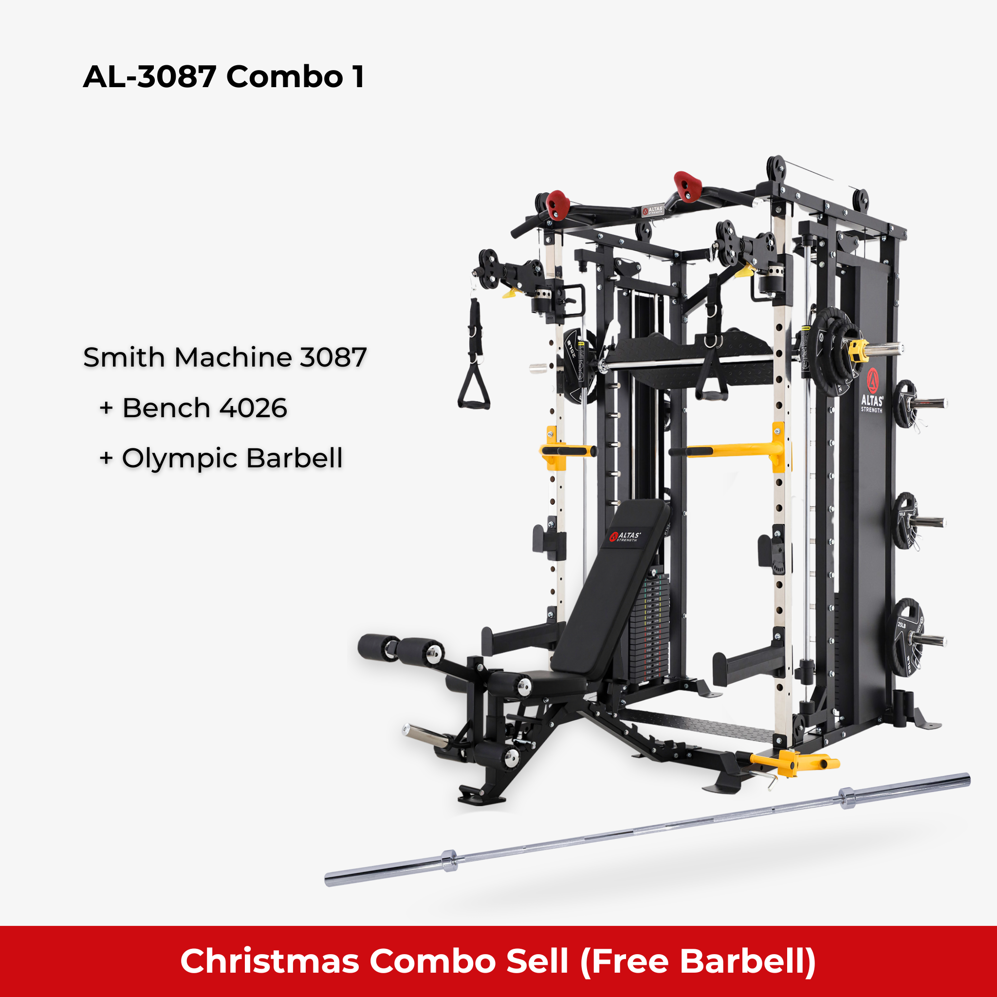 Christmas Combo - Smith Machine AL-3087B + Bench AL-4026 + Olympic Barbell