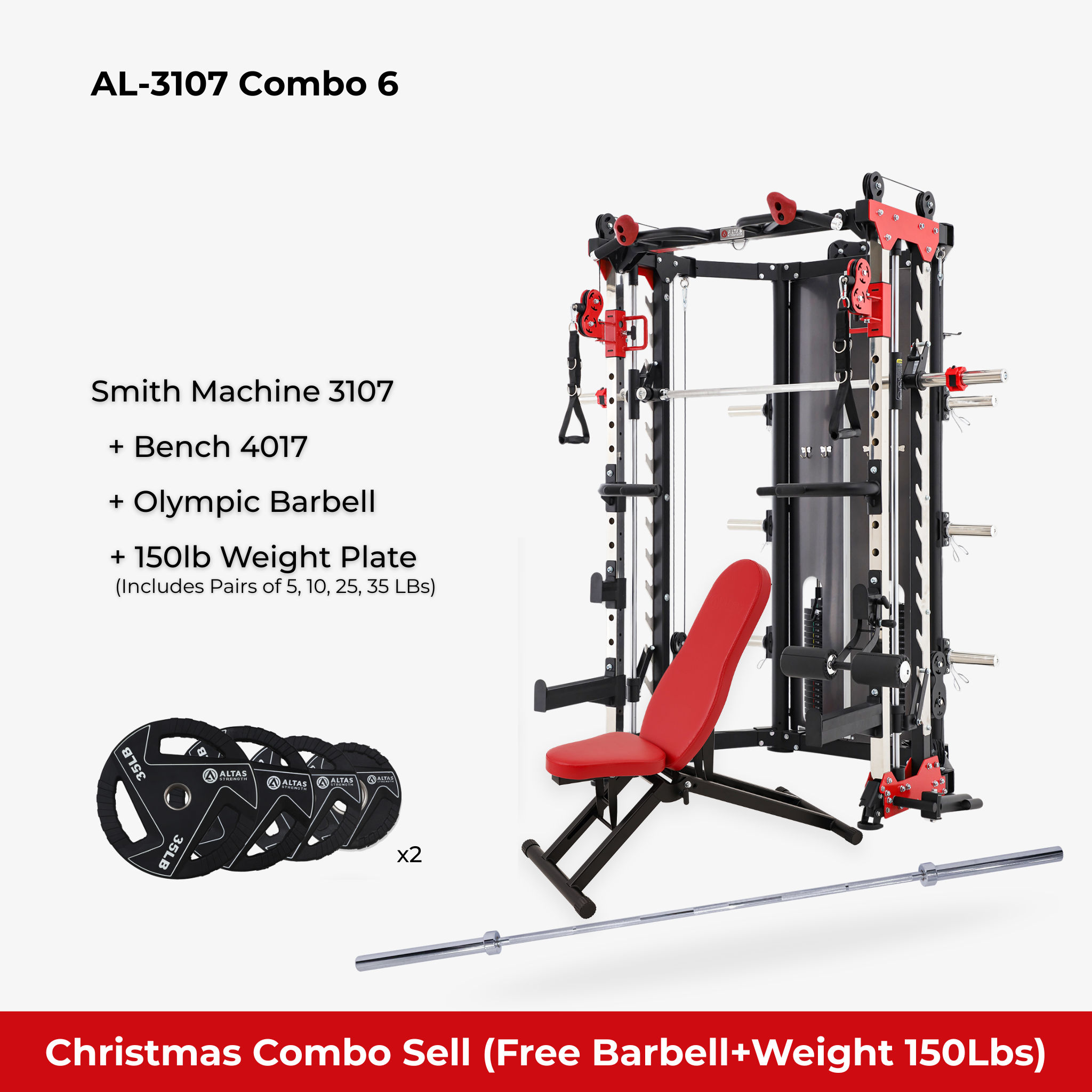 Christmas Combo - Smith Machine AL-3107 + Bench AL-4017 + Barebell + 150lb Weight Plate