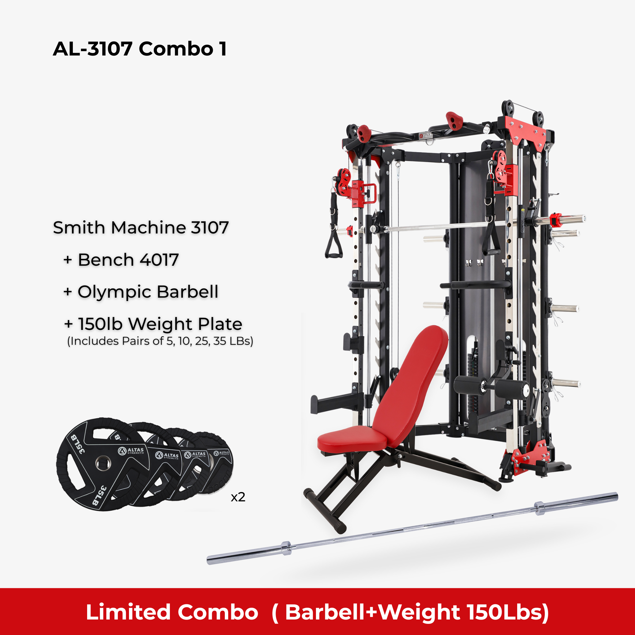 Combo - Smith Machine AL-3107 + Bench AL-4017 + Barebell + 150lb Weight Plate