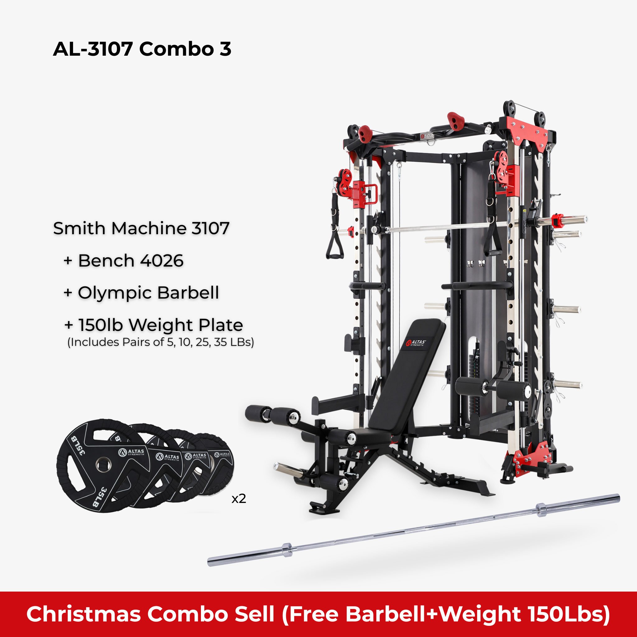 Christmas Combo - Smith Machine AL-3107 + Bench AL-4026 + 150lb weight plates + Barbell