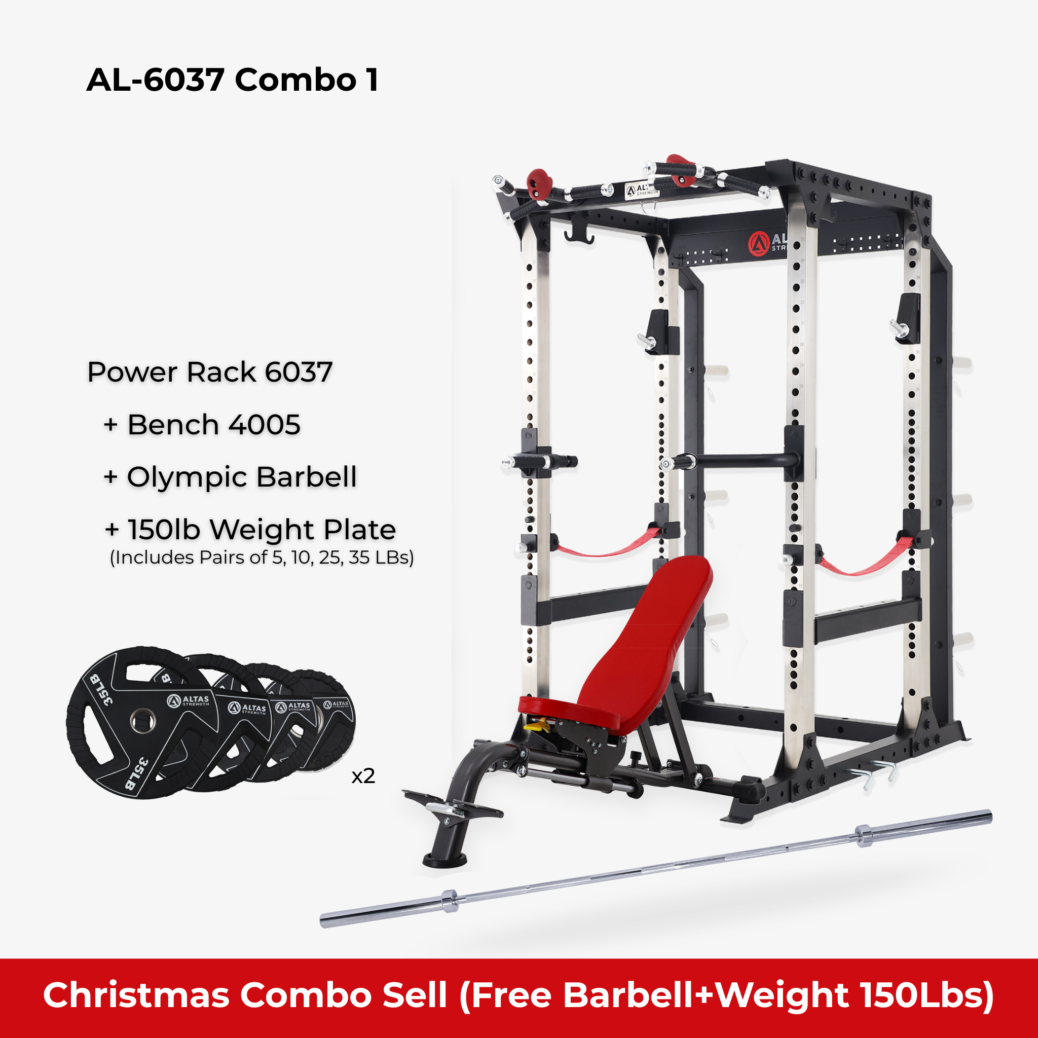 Christmas Combo - Altas Strength Power Rack AL-6037+4005+Barbell+Weight Plate(5-35lb )