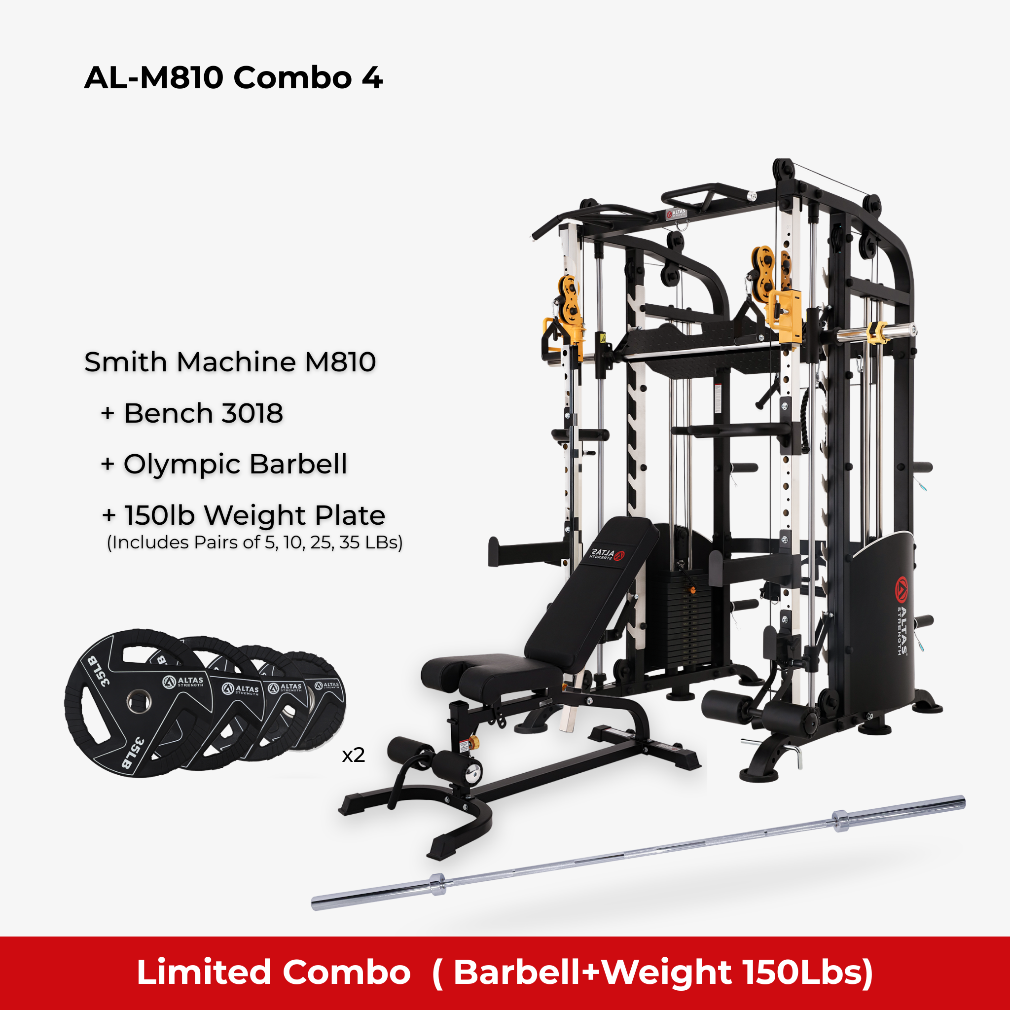 Combo - Smith Machine AL-M810 + Bench AL-3018 + Barbell + 150lb Weights